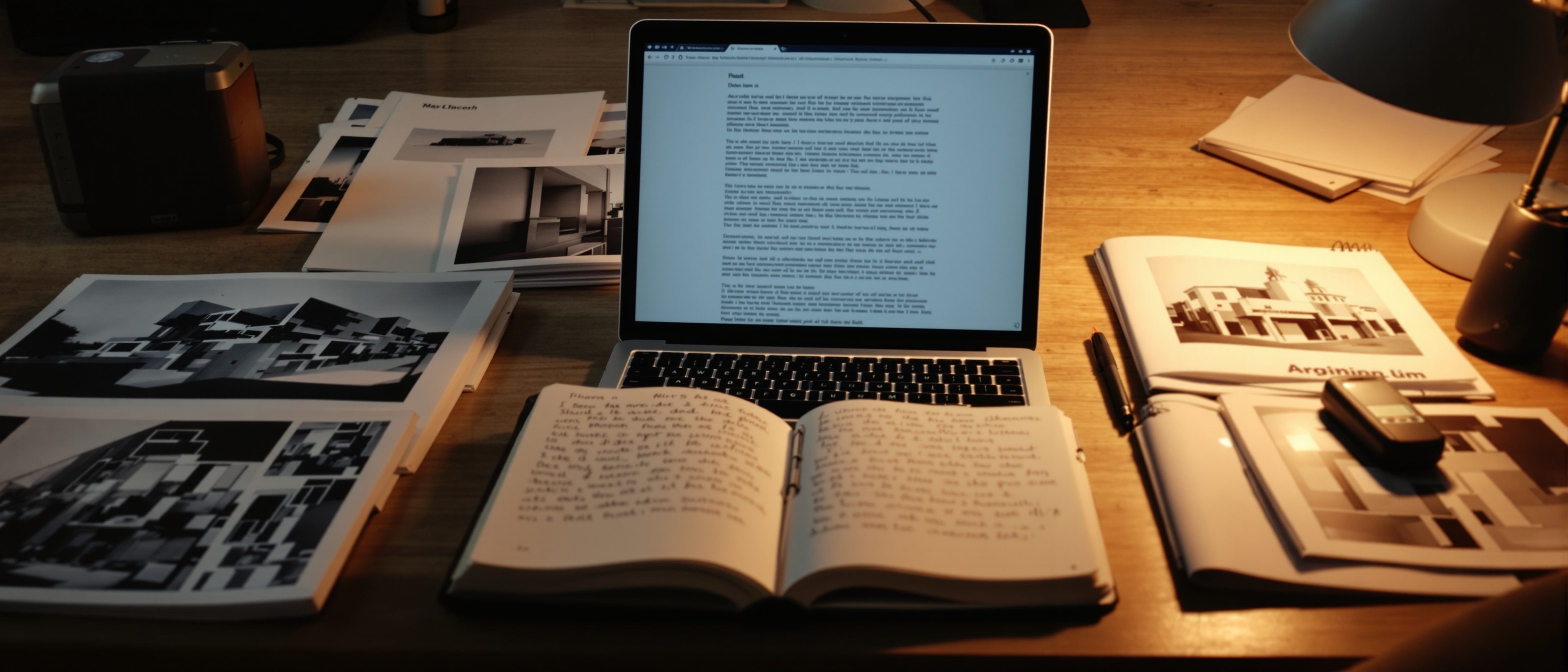 An architecture journalist's desk in India — a laptop with an article draft, a notebook of interview notes, printed building photographs and a voice recorder, the craft of writing and criticism about architecture.