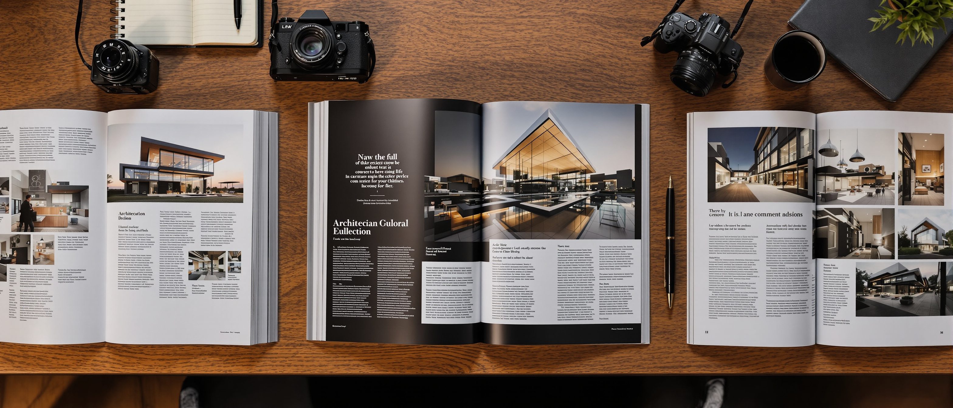 A flat-lay of open architecture magazines and journals with striking building photographs and articles spread across a desk beside a camera and a notebook, the tools of telling and showing architecture.