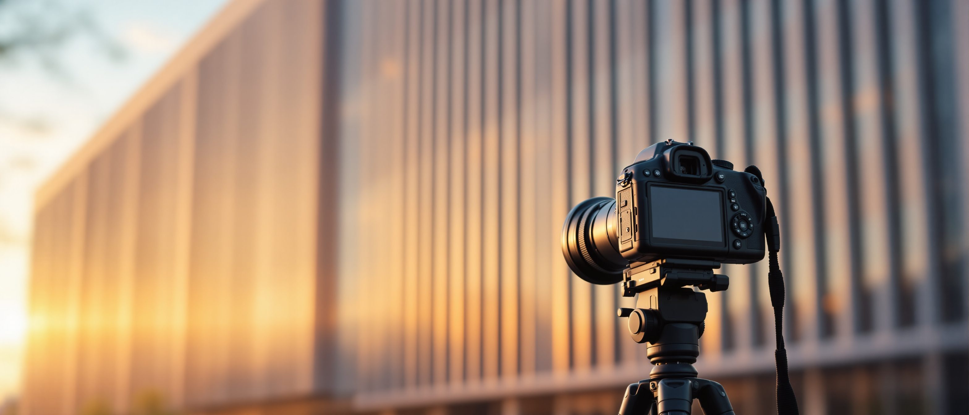 A photographer's camera on a tripod set up in front of a modern Indian building at golden hour, composing a frame with the building's verticals kept perfectly straight, the craft of architectural photography.