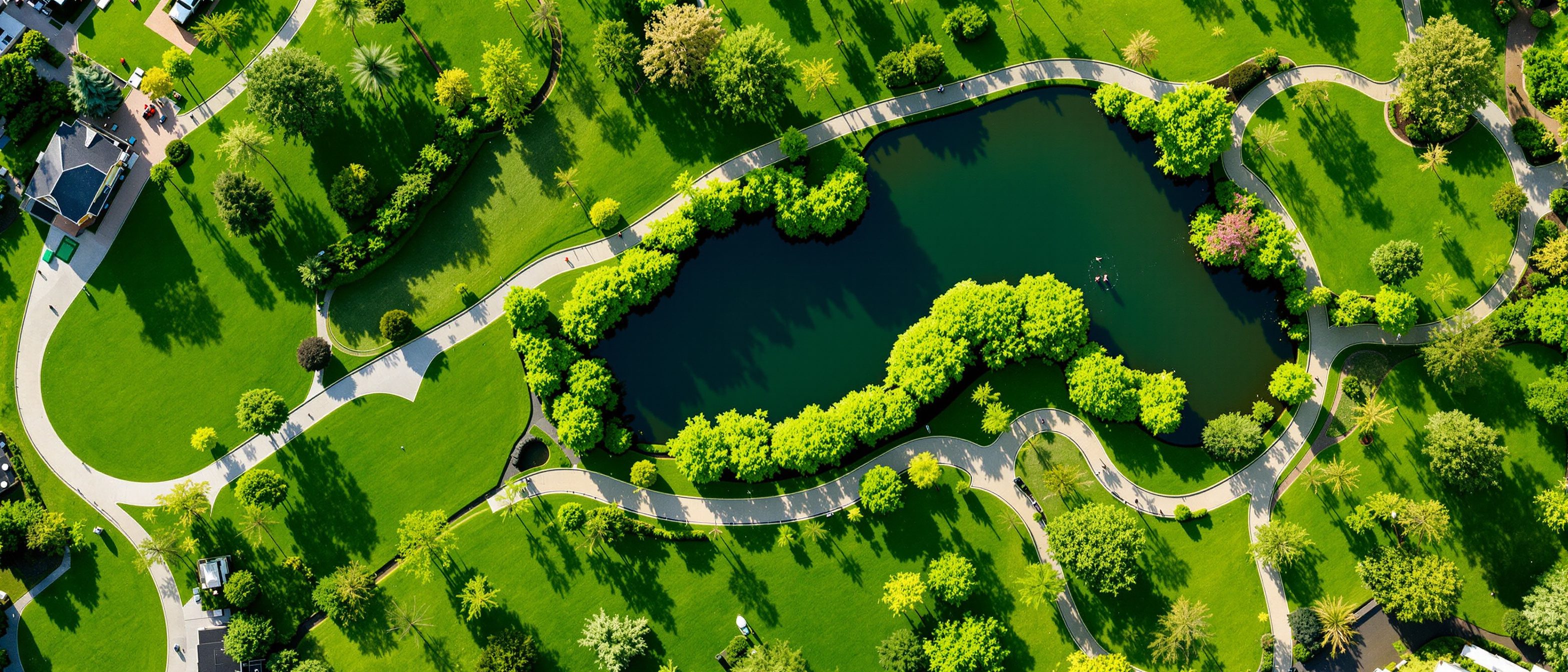 An aerial view of a designed urban park — curving paths winding between lawns and tree clusters around a lake: the composed landscape, read from above as one ordered whole.