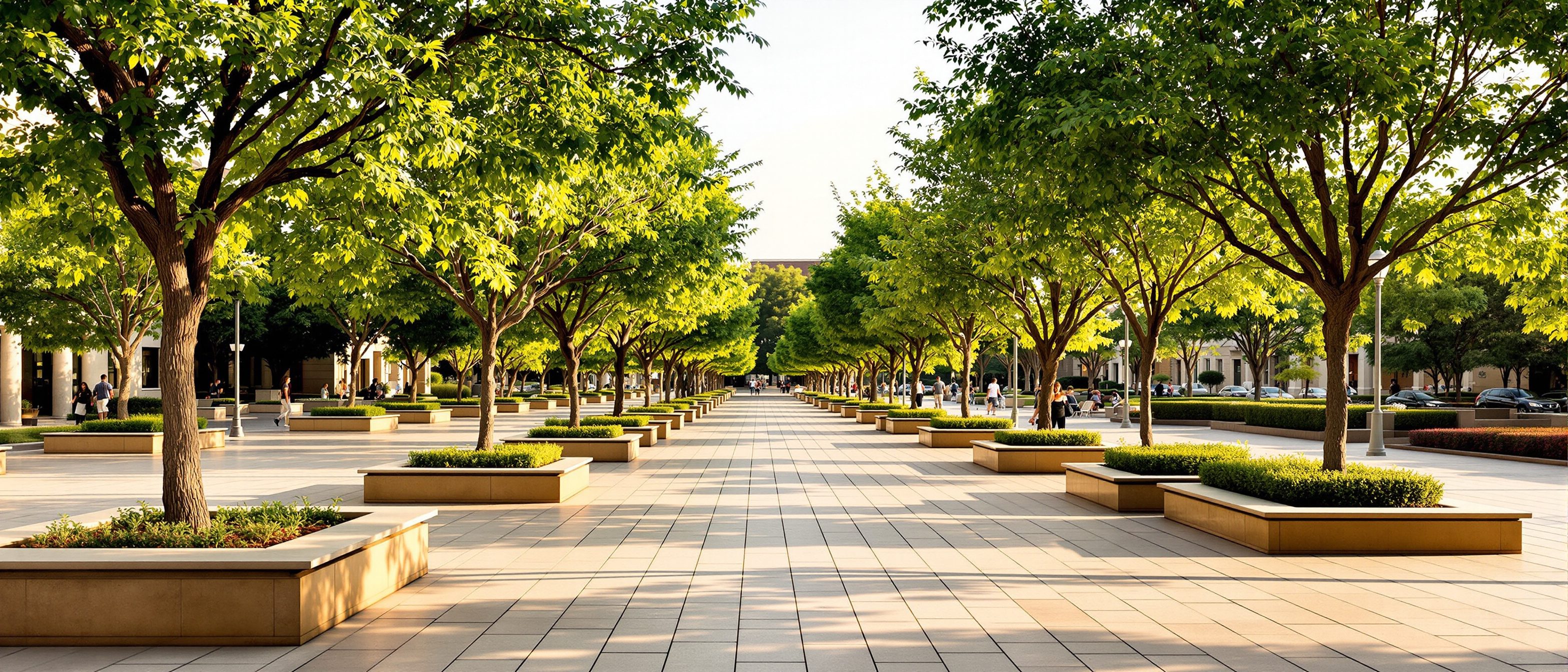 A landscaped campus plaza — avenue shade trees over patterned stone paving with built-in seating: the public realm where landscape meets the city and the building.