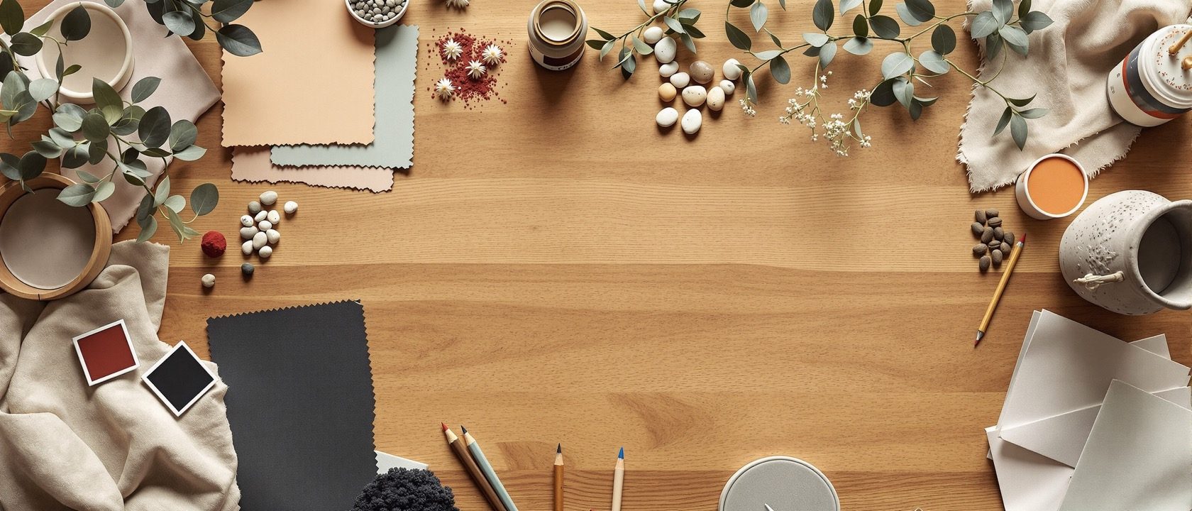 A designer's desk with a mood board of material and colour swatches, concept sketches and a small clay prototype in warm daylight, creative and tactile, no legible text