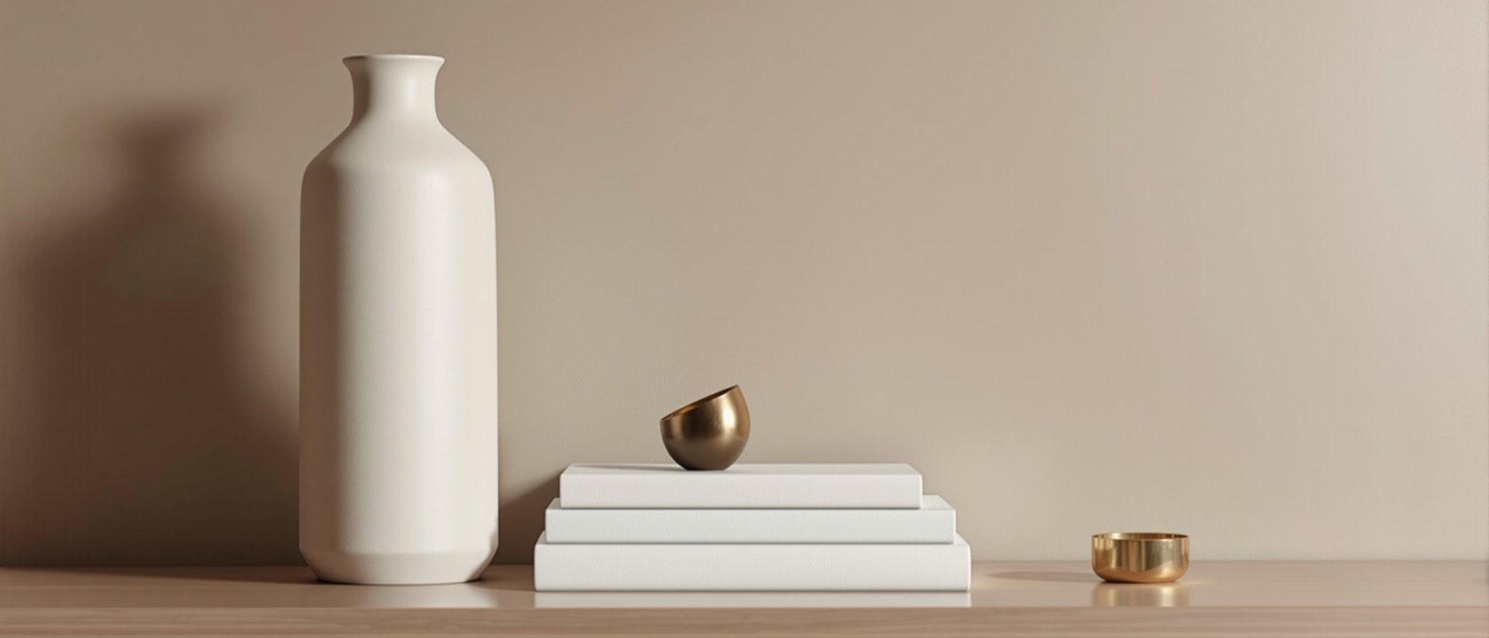 A styled console-table vignette with a group of three objects of varied heights — a tall vase, a stack of books and a small sculpture — with breathing space around them, warm light, no text