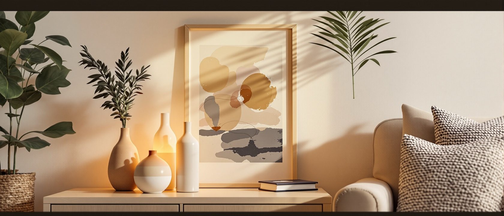 A warm, softly-lit living-room corner styled with a table lamp, a group of vases, a framed artwork and a textured cushion, complete and inviting, no text