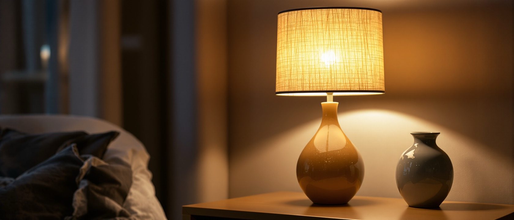 A warmly-lit designer table lamp with a woven shade glowing on a side table beside a small mirror and a ceramic vase, cosy evening light, no text