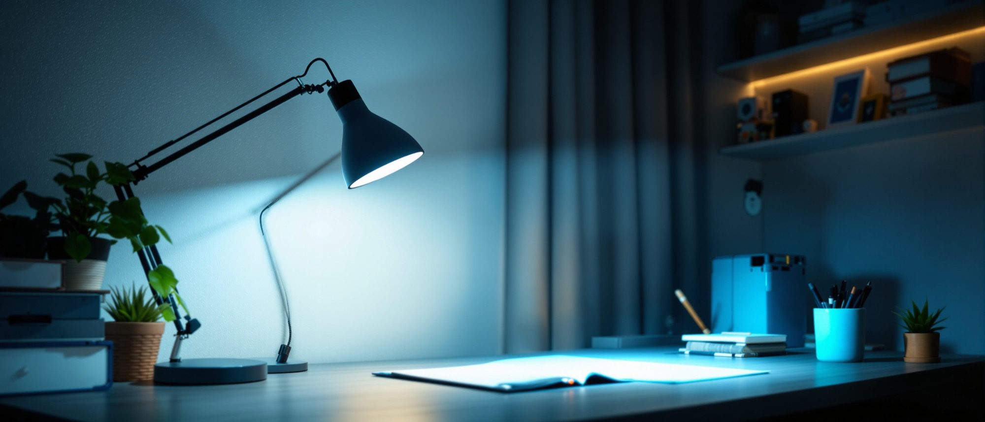 A study at dusk lit by a focused desk task lamp and soft ambient light — a bright pool of cool task light against a calmer room.