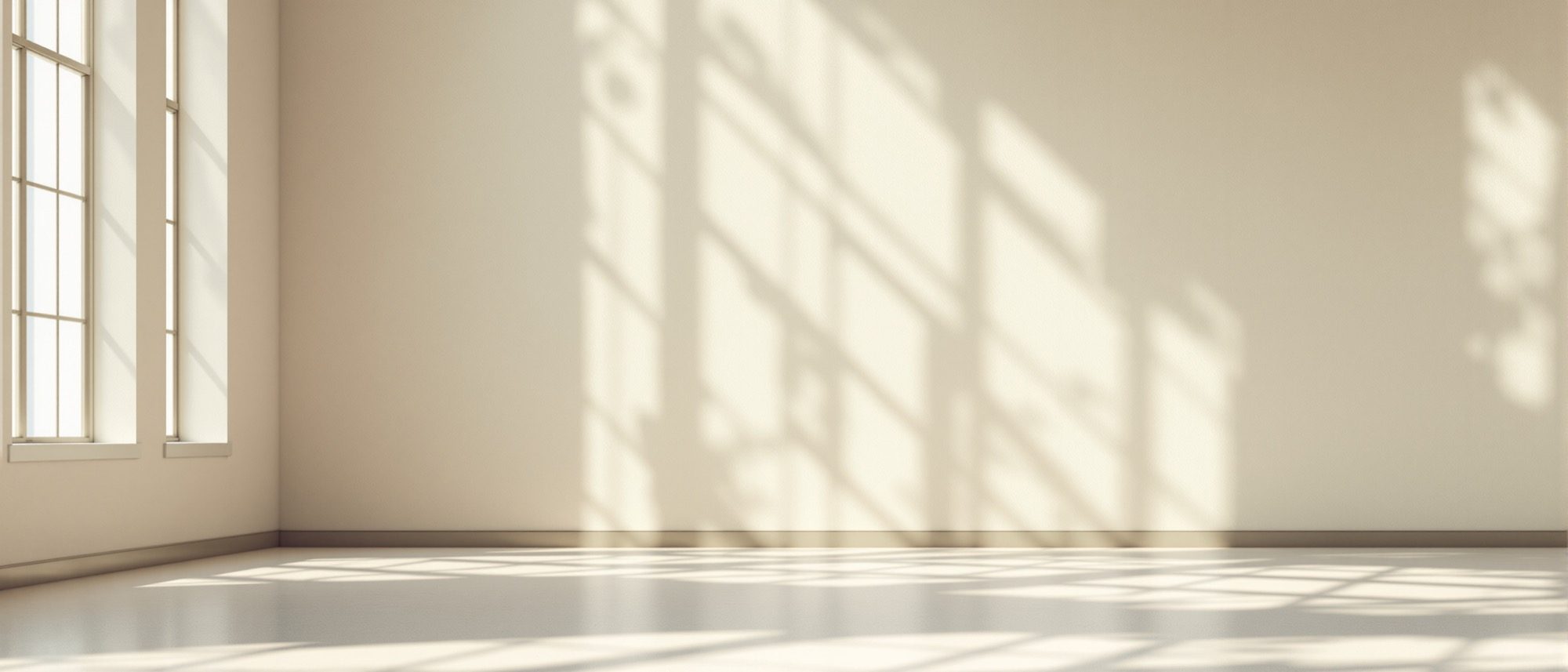 A modern interior flooded with daylight through tall windows — light and shadow across the floor, the architect's first and best light source.