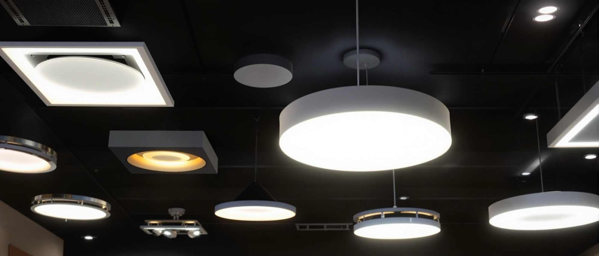 An array of architectural ceiling fixtures glowing — recessed downlights, slim pendants and a track of adjustable spotlights against a dark ceiling.