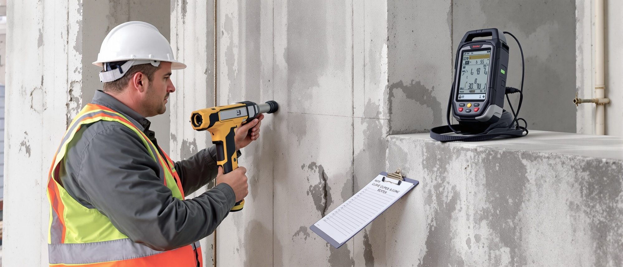 An engineer testing a concrete column with a rebound hammer — reading a structure's health without breaking it.