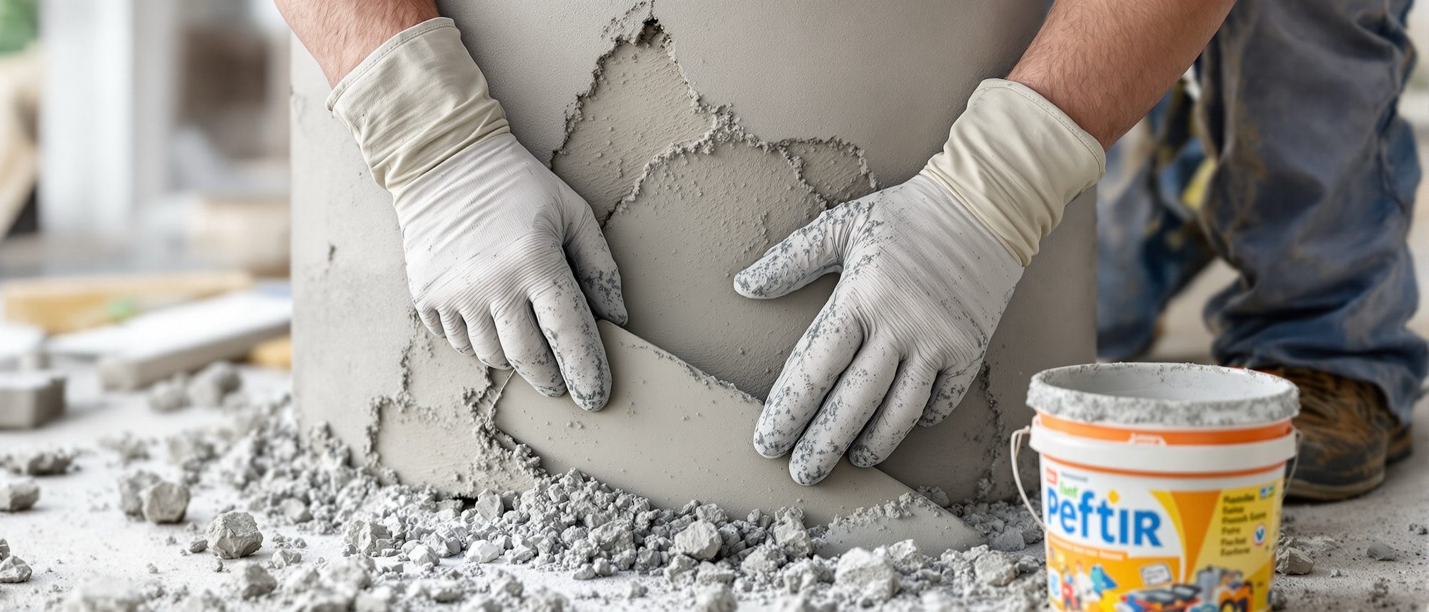 A worker applying polymer repair mortar to a patched column where the steel has been cleaned and primed — the cure matched to the disease.