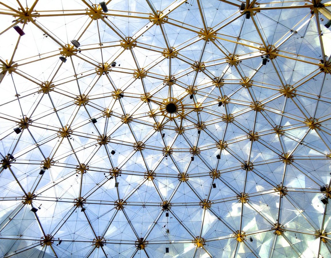 Inside a geodesic dome — triangles converging overhead.