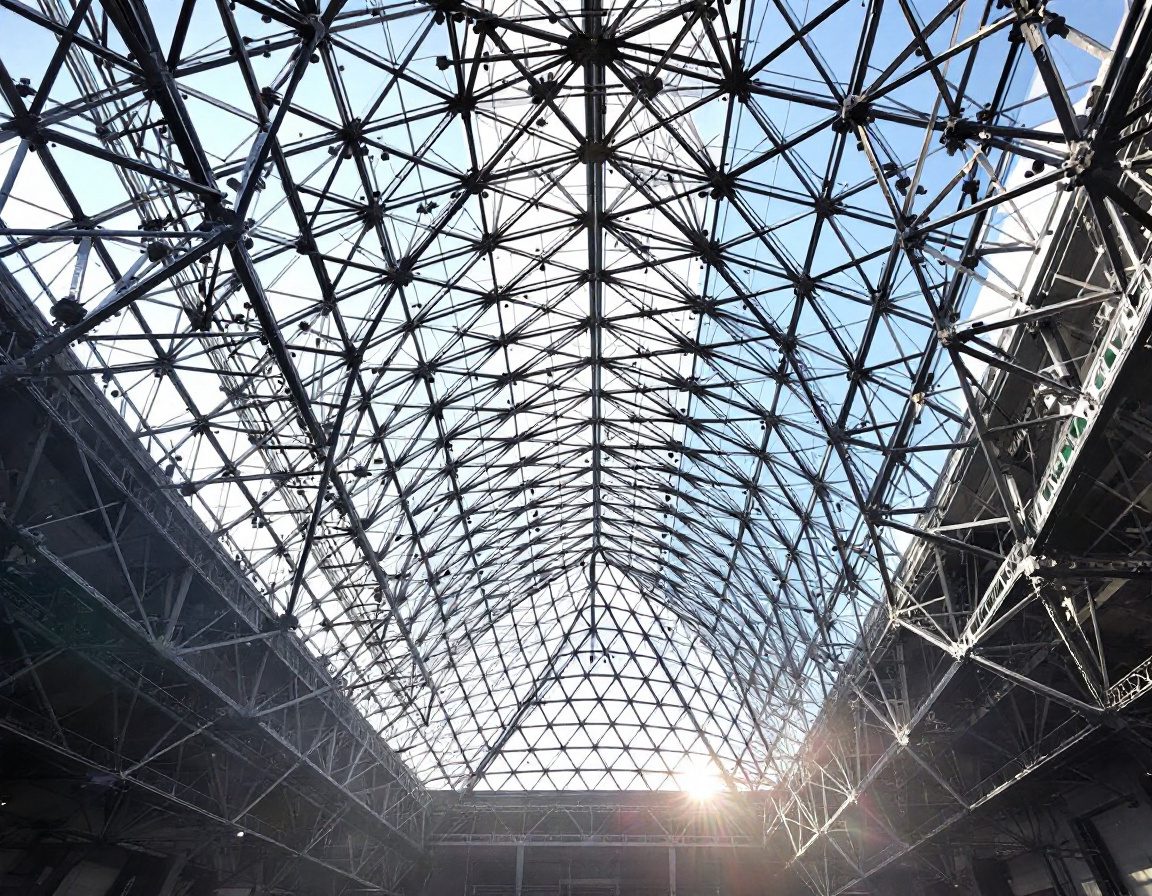A triangulated space-frame roof — polyhedral geometry spanning space.