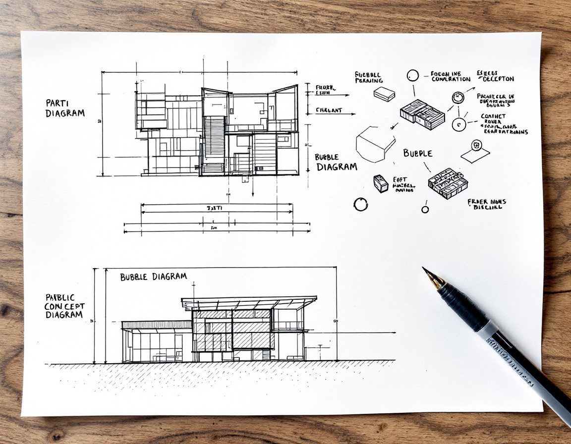 A hand-drawn parti and bubble diagram of a small building.