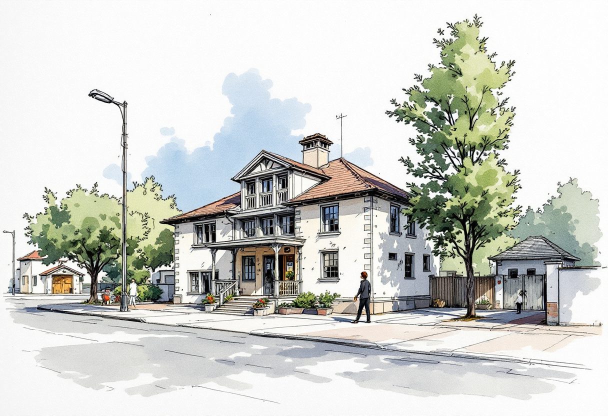 A rendered architectural perspective in ink and watercolour.