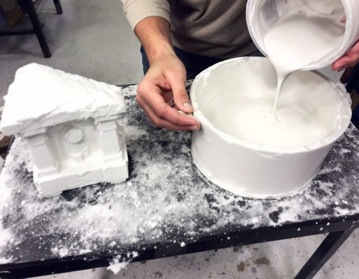 Plaster of Paris being cast into a mould for a model element.