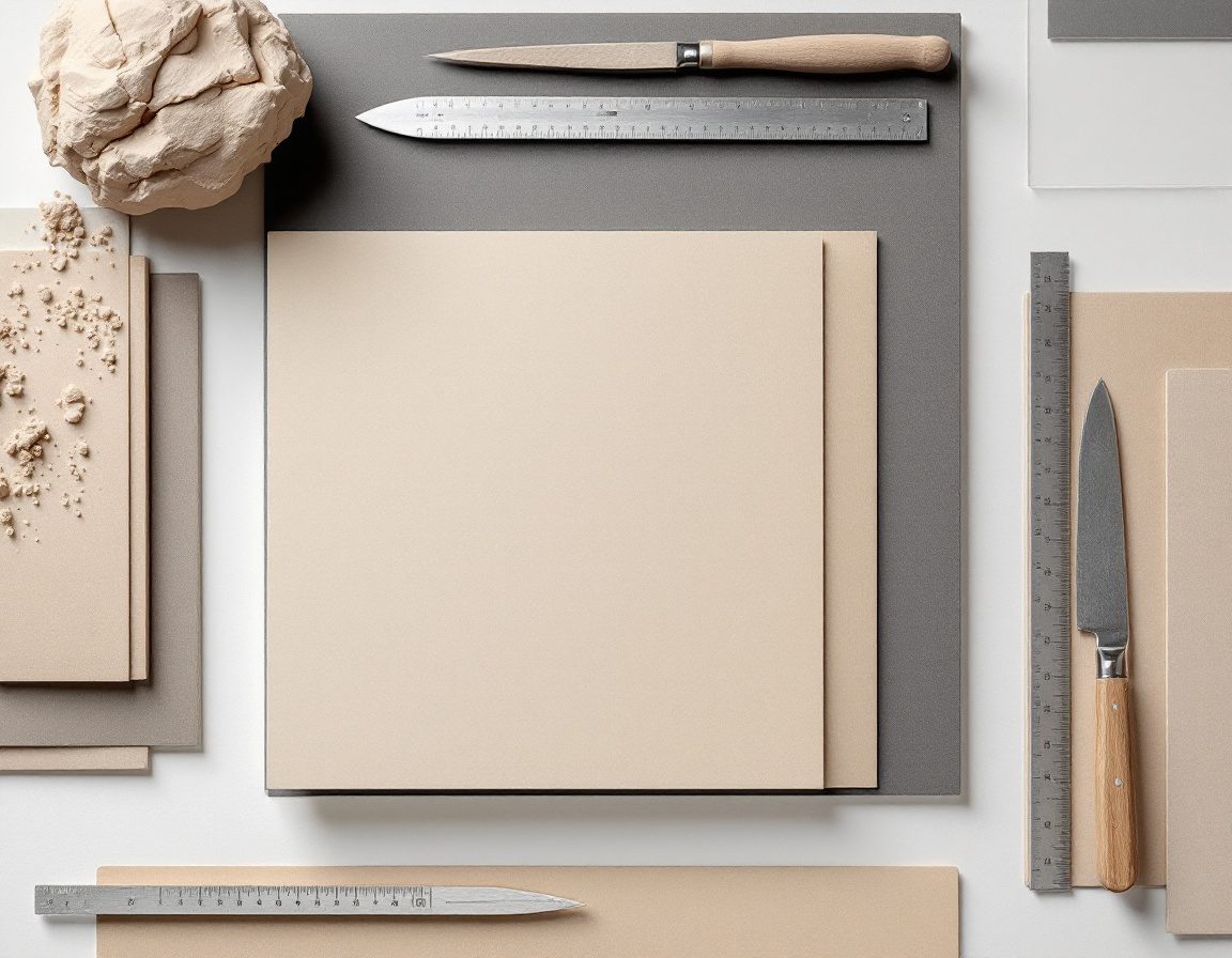 A flatlay of model materials — mat board, foam, balsa, acrylic and clay.