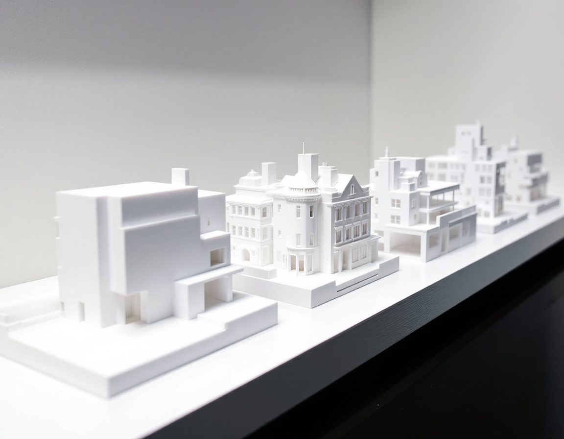 Several architectural models of different types lined up on a shelf.