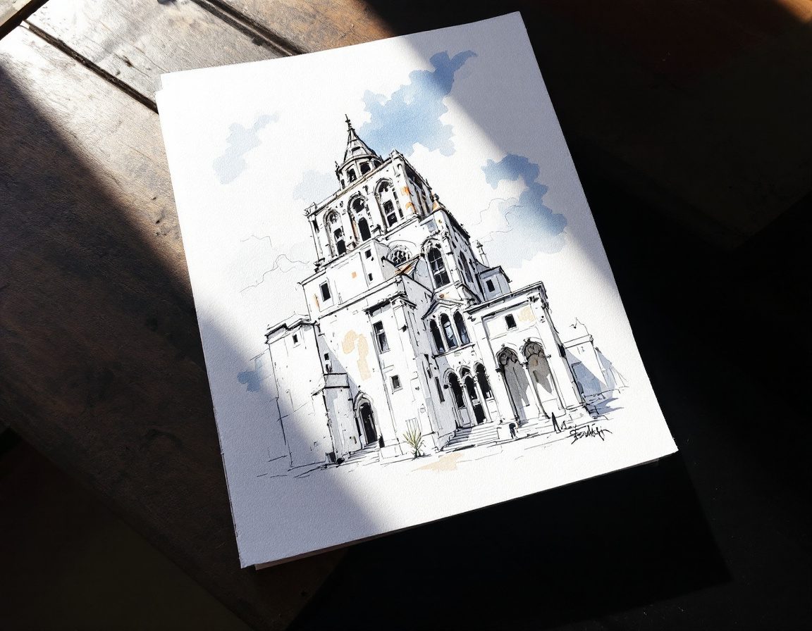 An expressive ink-and-watercolour architectural sketch.