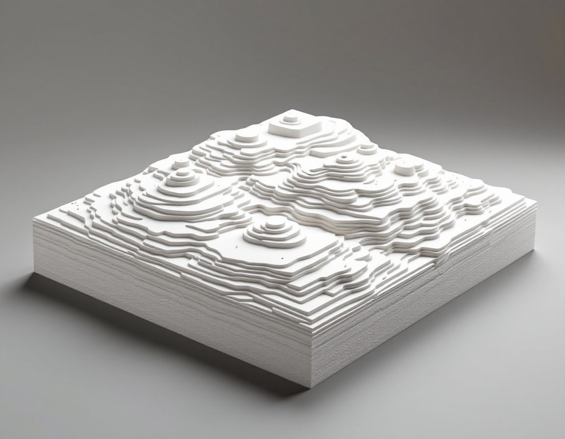 A stacked-contour topography model of a hilly site in card.
