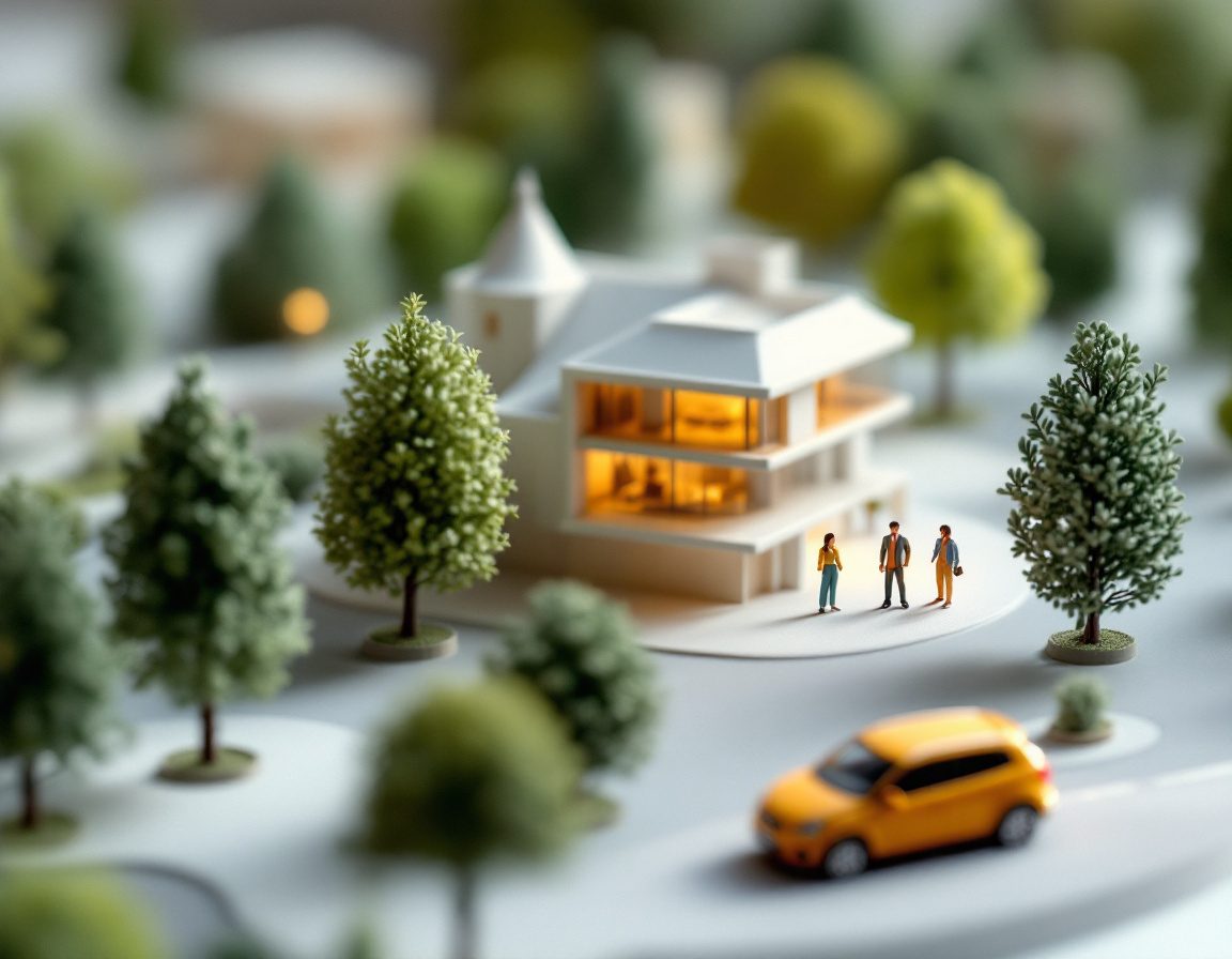 A model close-up with scale figures, trees and a car for entourage.