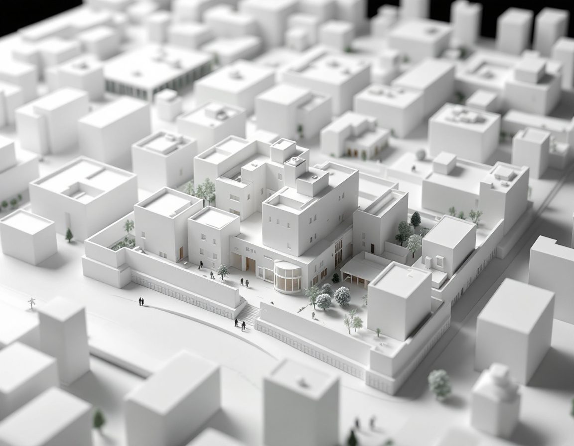 A site / context model showing a building among its neighbours.