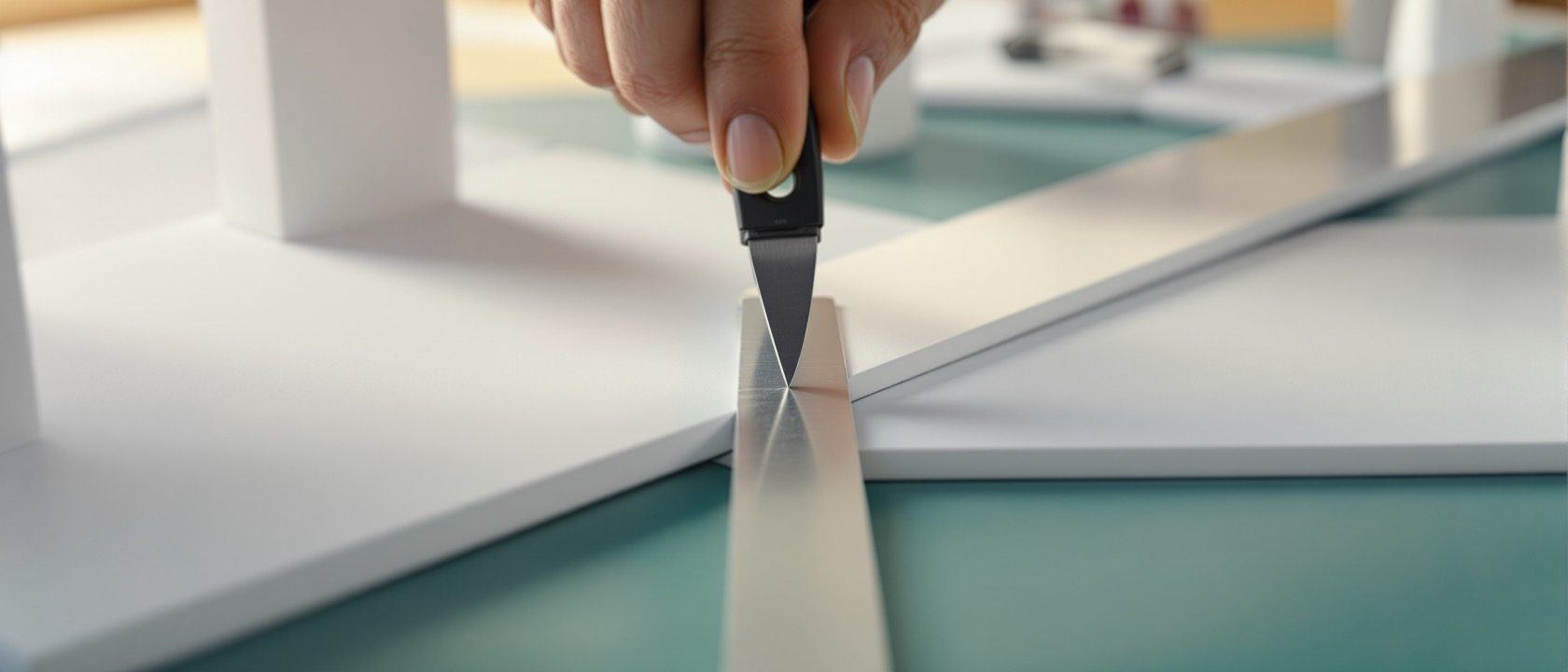 Close-up hands-free view of a scalpel and a steel rule mid-cut on foamboard on a green self-healing cutting mat, with a part-built white card model wall and a bottle of PVA glue beside it, warm daylight, no people, no legible text.