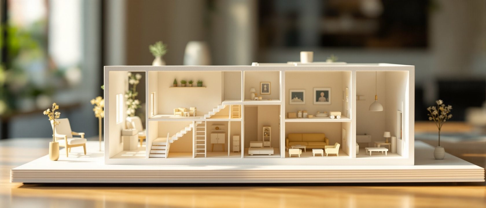 A finished white and natural-card sectional model of a furnished interior room at model scale, base-mounted with a clean margin, its envelope cut open to show a staircase and miniature furniture inside, warm directional daylight, no people, no legible text.