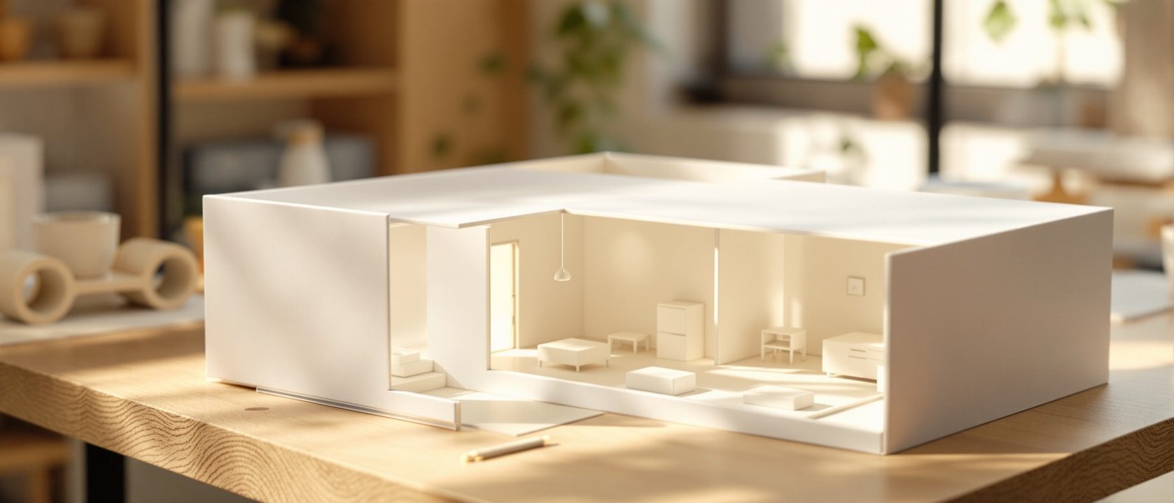 A hand-built white card sectional model of an interior room on a studio desk, its envelope cut open to reveal miniature walls, a floor and small furniture inside, warm daylight casting soft shadows, no people, no legible text.