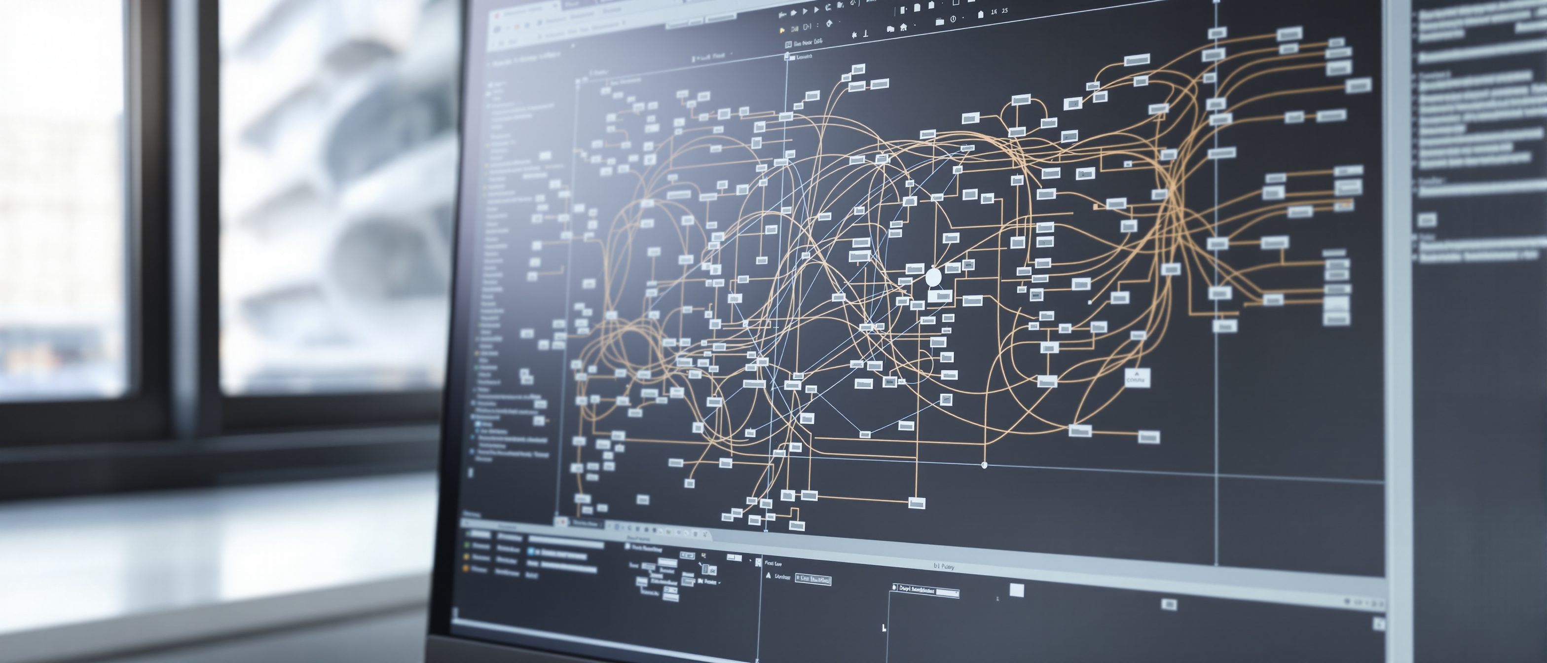 A computer screen filled with a Grasshopper visual node definition — boxes and curving wires connecting components — beside a Rhino window showing the parametric facade geometry it generates.