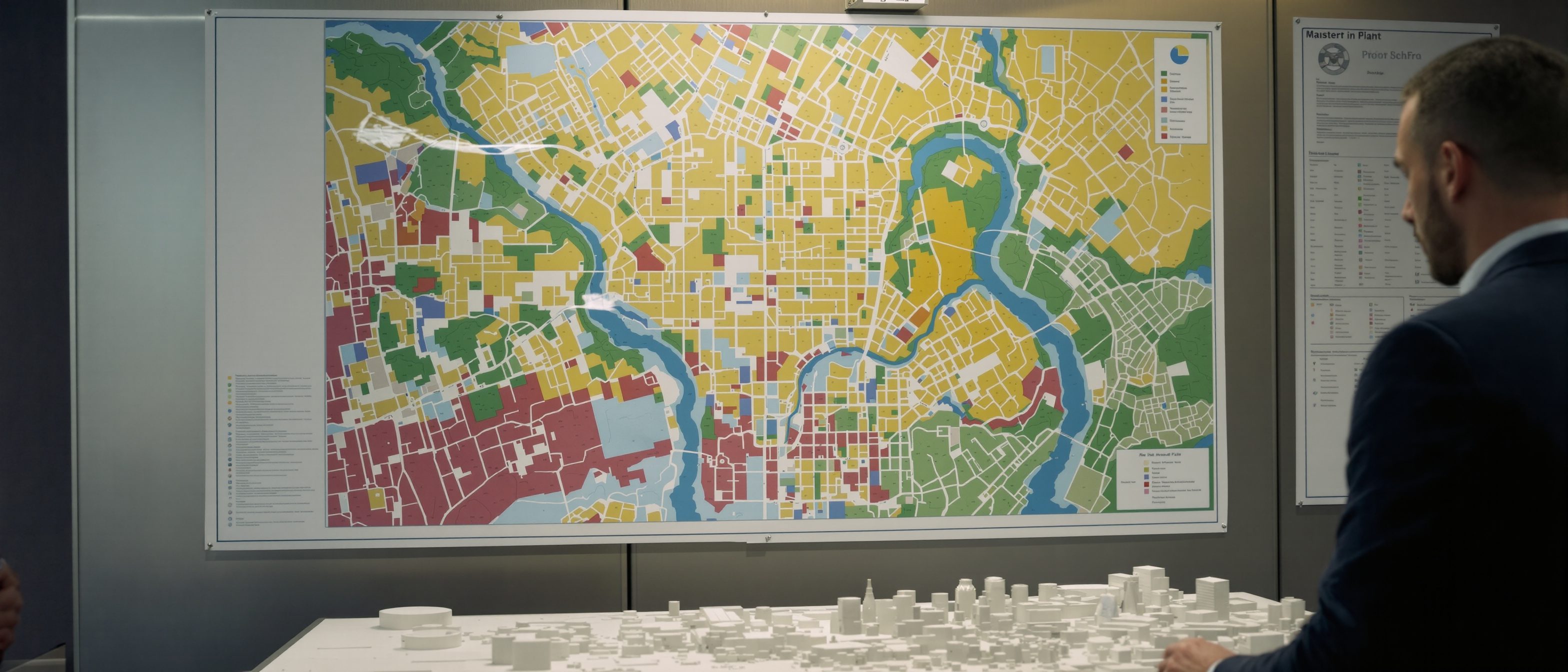A large city master plan pinned on a planning-office wall with coloured land-use zones, beside a model of the city, the statutory plan that shapes development, no people.