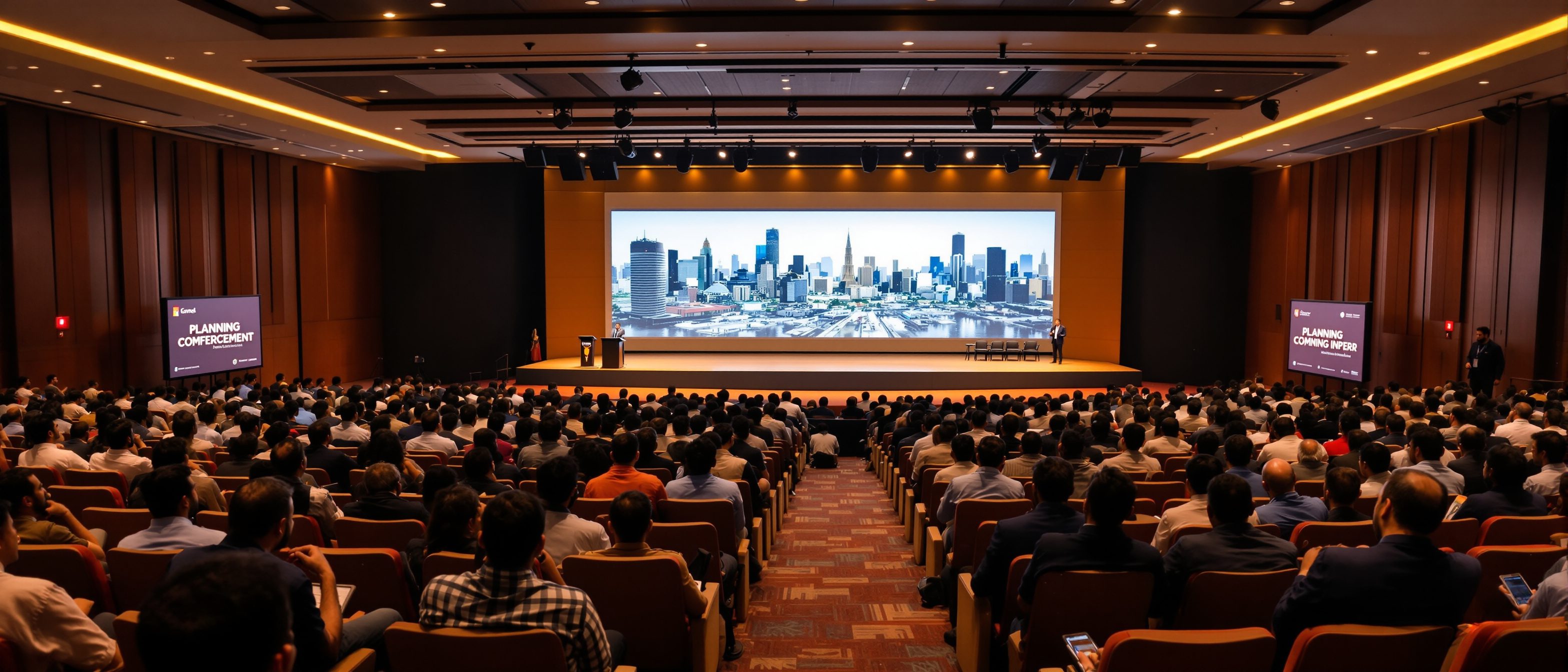A professional planning conference — planners seated in an auditorium before a stage with a city-themed backdrop, the institutions that hold the profession together, Indian setting.