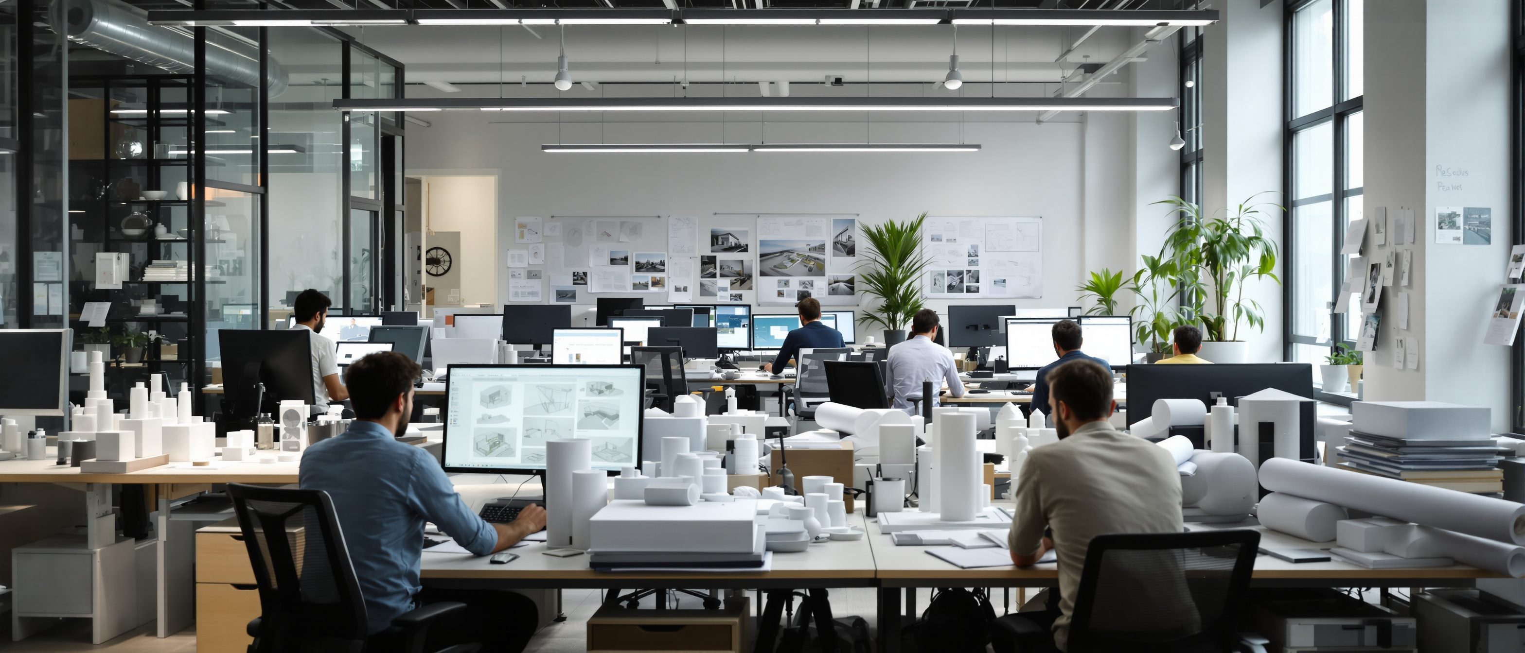 A busy bright Indian architectural studio with several architects working at desks with large monitors, drawings, models and pinned-up boards, the working office a trainee joins.
