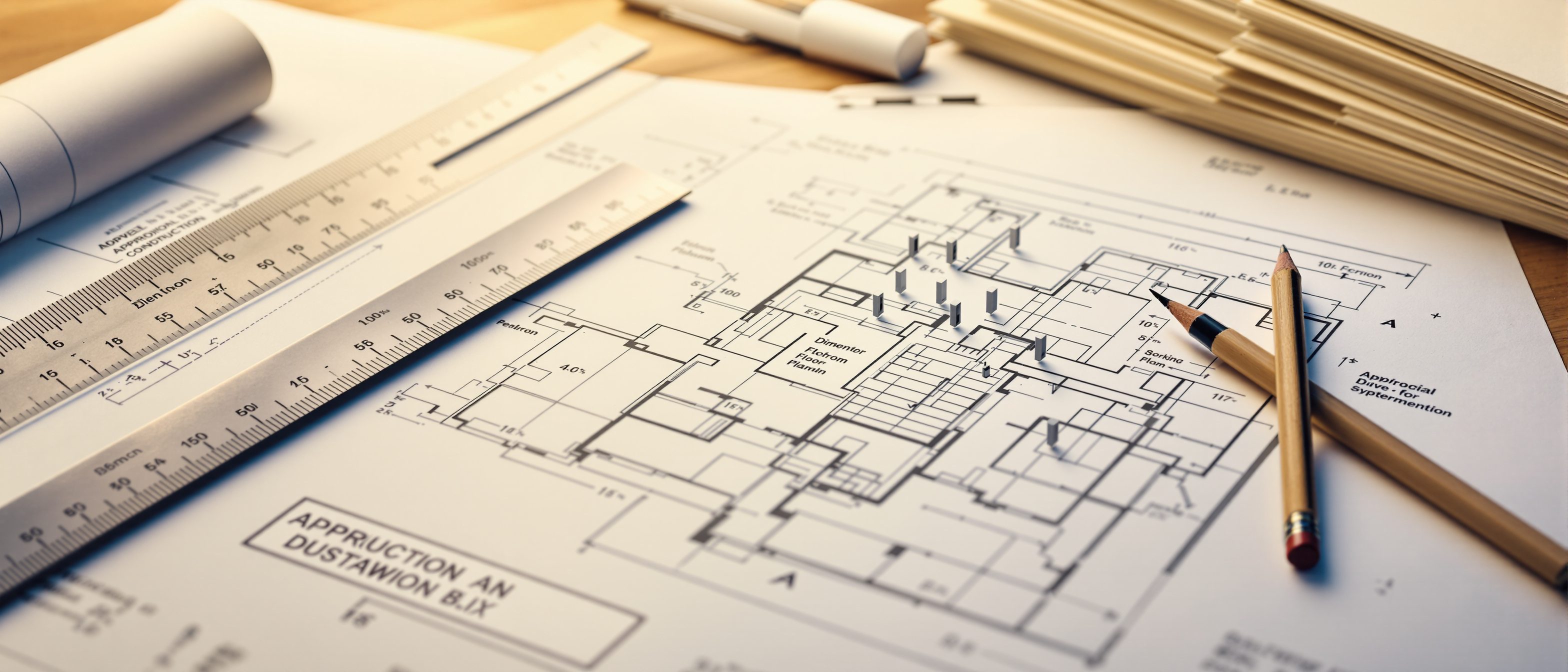 A detailed architectural working drawing — a dimensioned floor plan with construction details and a title block — spread on a desk beside a scale ruler and a set of stamped approval drawings, the buildable instruction, no people.