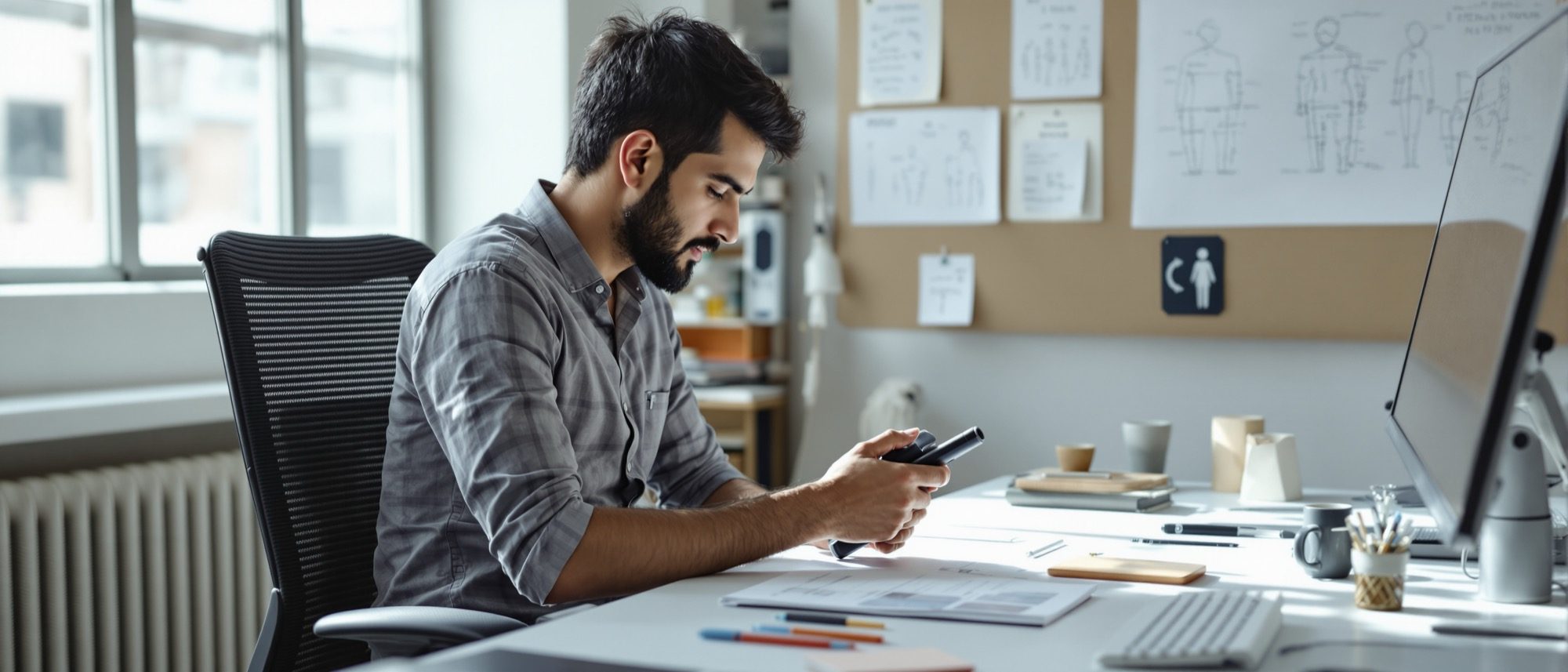 An ergonomics study — a designer testing the grip and posture of a product against anthropometric notes, fitting the object to the body.