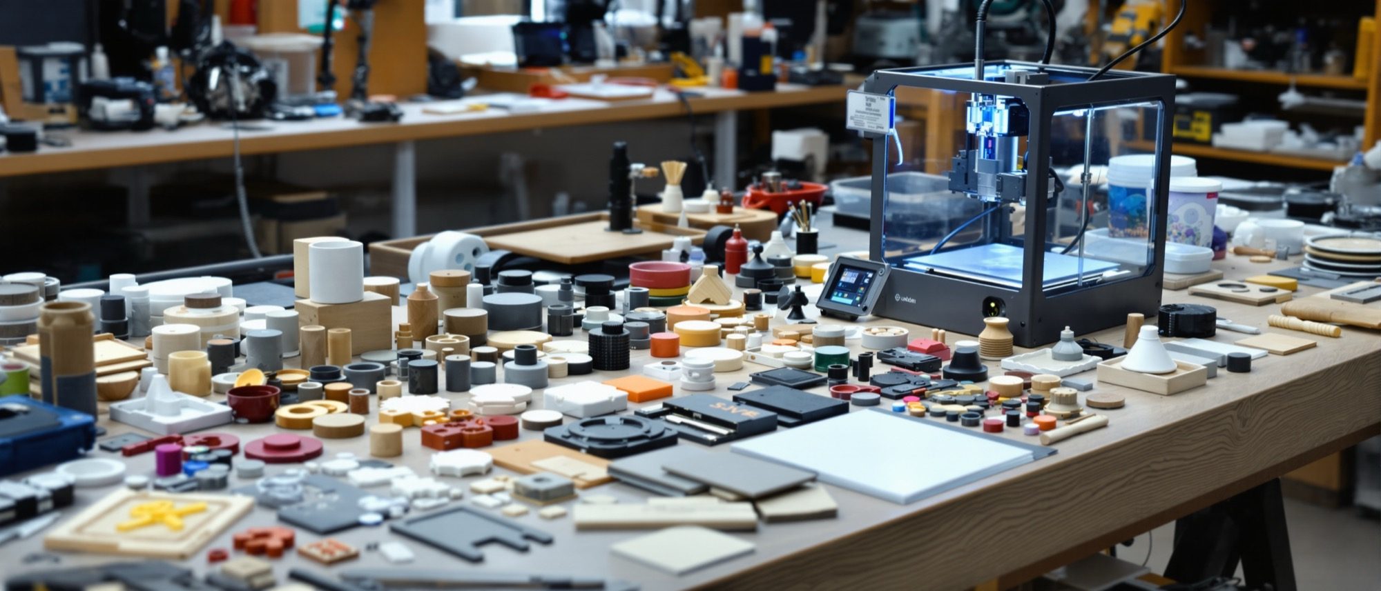 A materials-and-making bench — samples of plastics, metals and wood beside a 3D printer building a part: the concept becoming real.