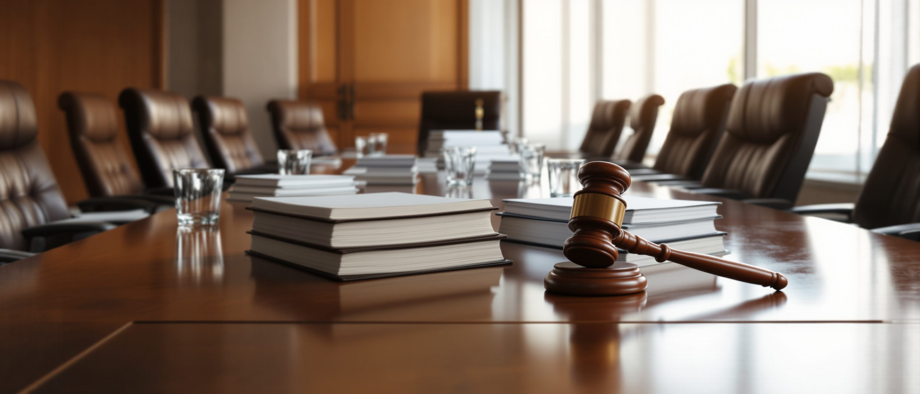 A neutral conference room set for an arbitration hearing in India — a polished table with bound case documents, water glasses, a gavel and empty chairs facing each other, the private forum where construction disputes are resolved.