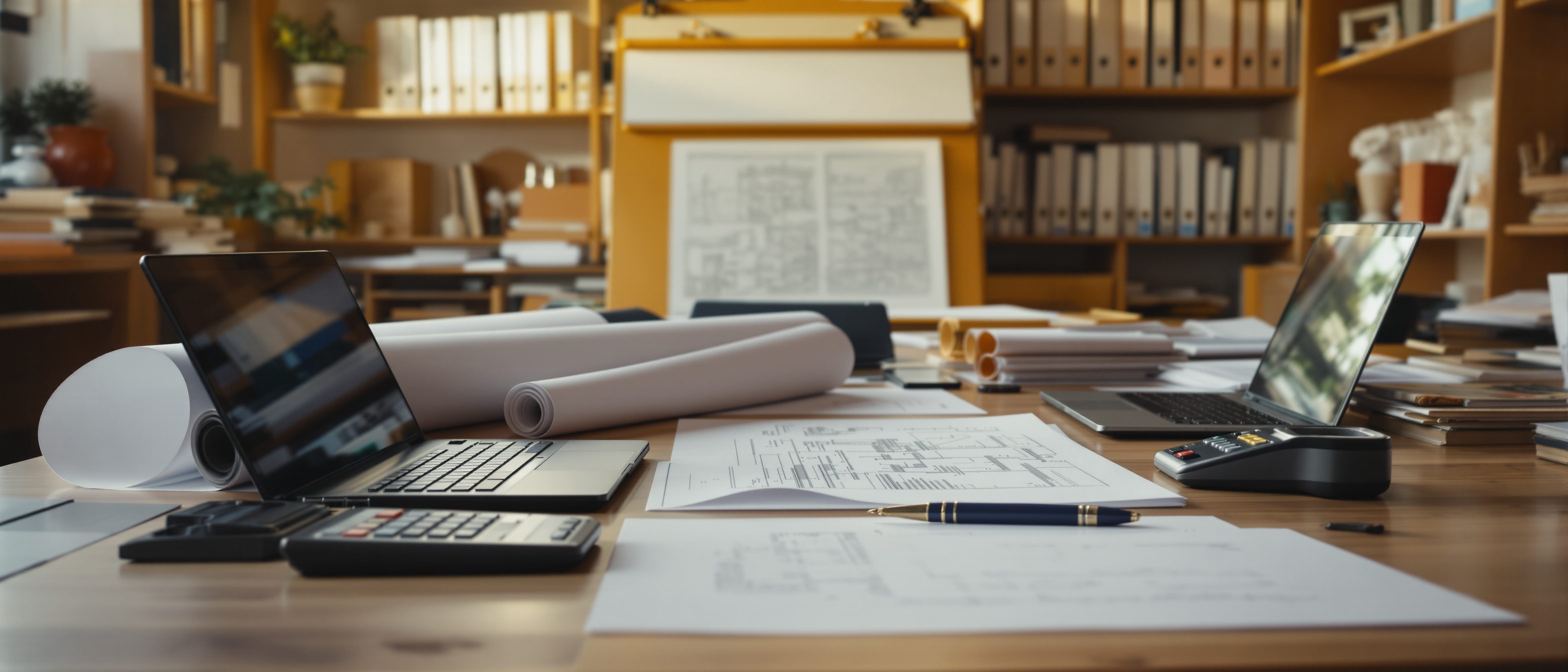 An architect's professional office in India — a tidy desk with rolled drawings, a laptop, a calculator and a signed agreement, behind it a drawing board and shelves of files, the business side of architectural practice.