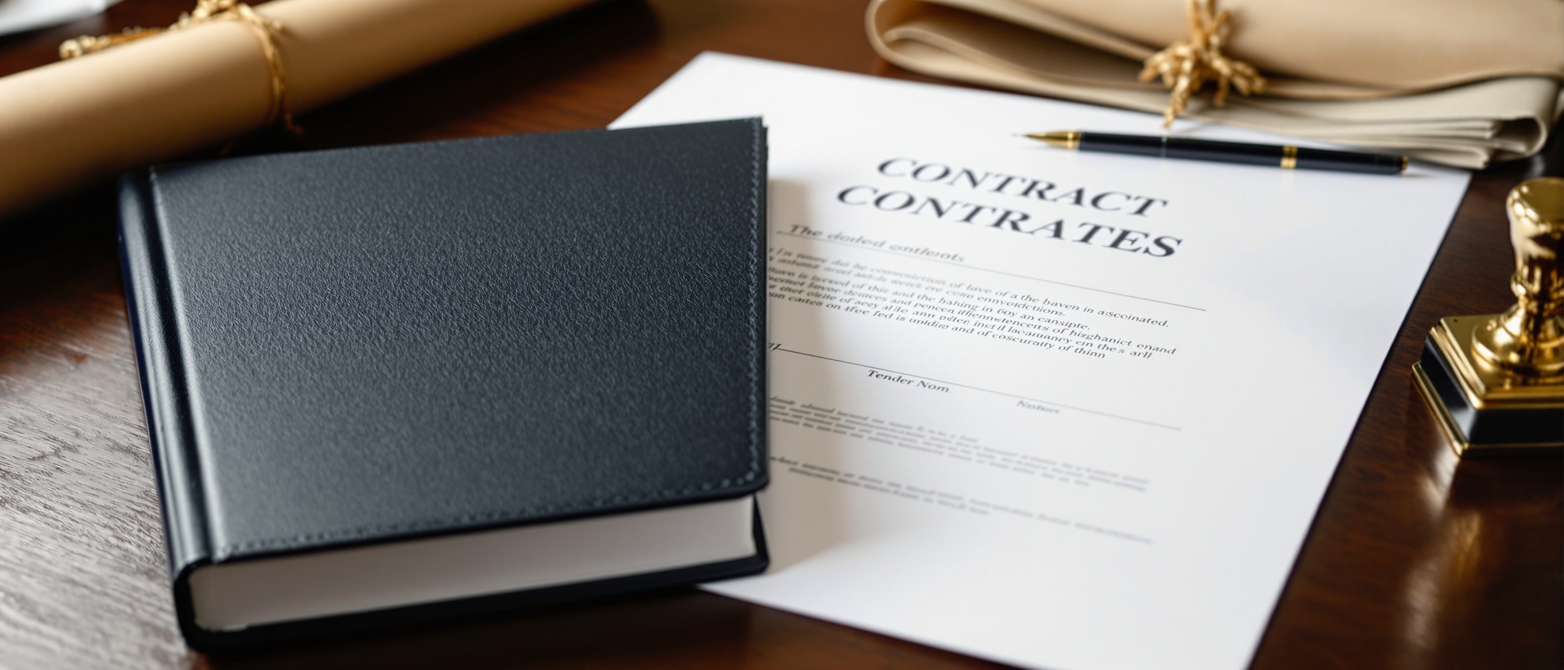 A desk with a thick bound construction contract document open beside a stack of sealed tender envelopes, a bill of quantities spreadsheet, a fountain pen and an official stamp — the tendering and contract stage of a building project.