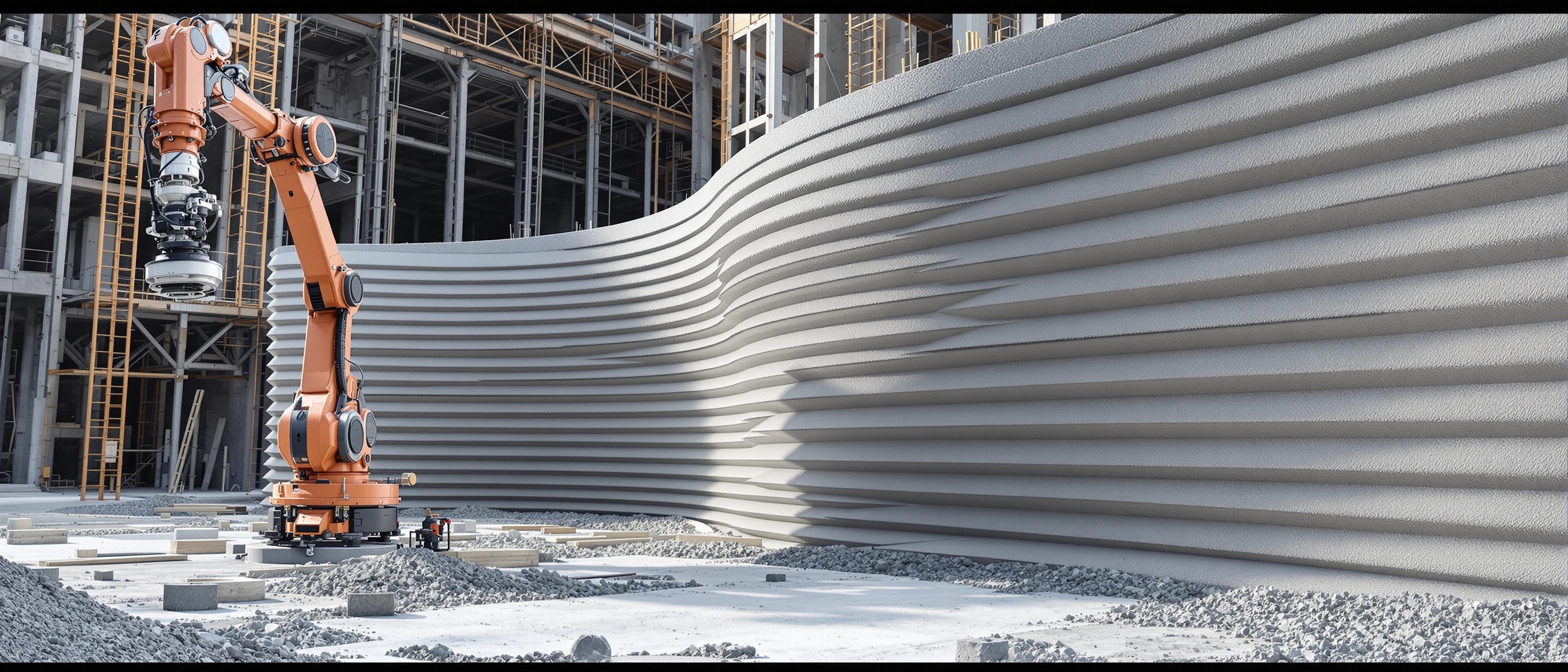 A large industrial robotic arm 3D-printing a curved layered concrete wall on a construction site, the extruded ridges building up the freeform form — additive construction, today still mostly walls.