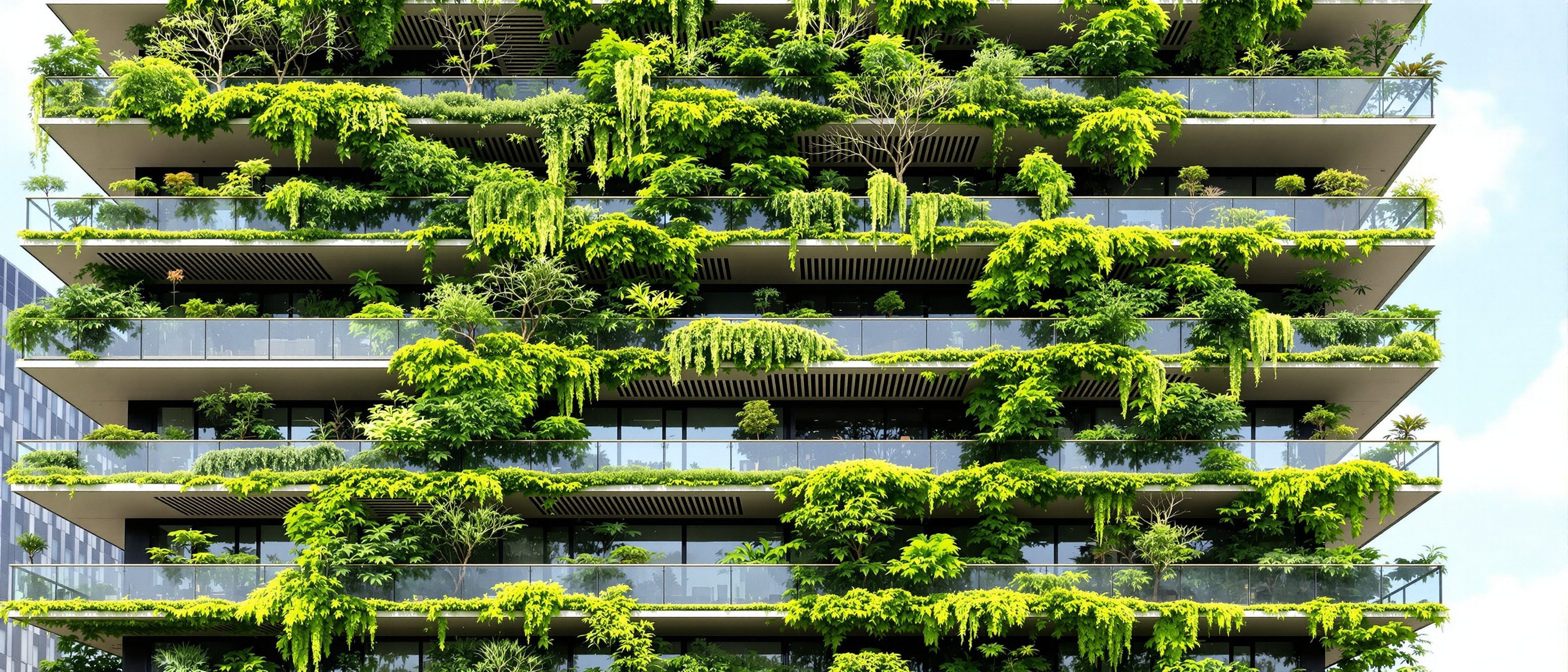 A green high-rise with a cascading living plant-wall facade and horizontal louvered solar shading on every balcony — sustainable architecture as measurable performance, not just form.