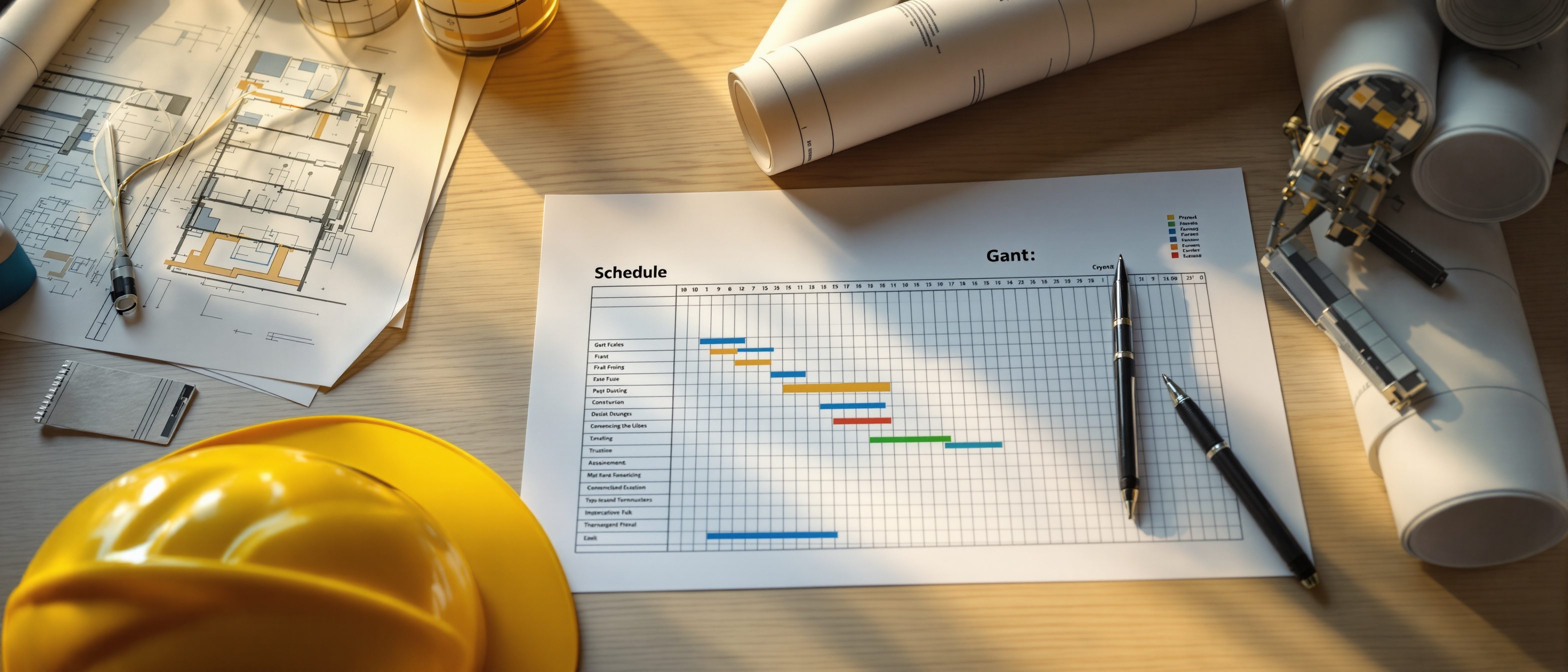 A construction project-planning desk — a printed Gantt bar chart, a hard hat, rolled drawings and a pen in warm office light: a project being planned, scheduled and controlled.