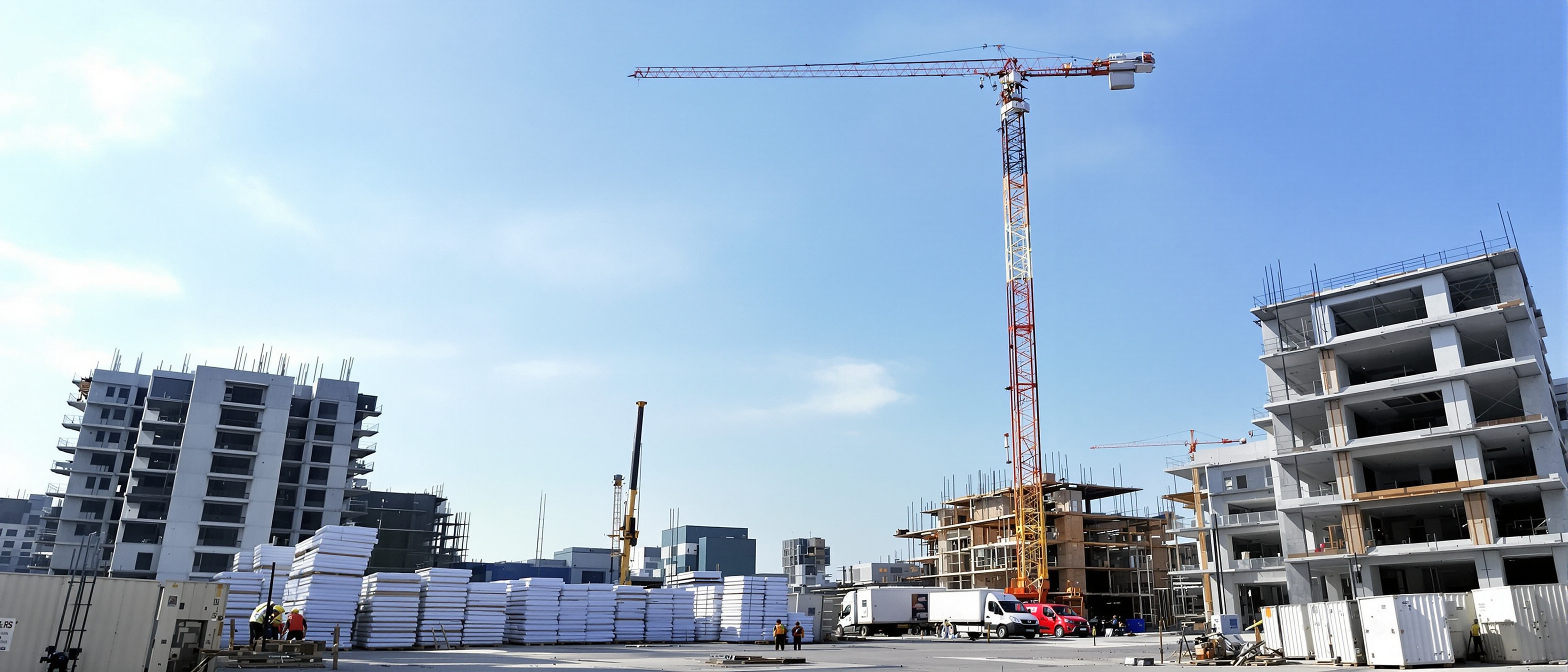 A construction site with a tall tower crane, mobile cranes and stacked building materials under a clear sky — the finite crews, plant and money a schedule must resource.