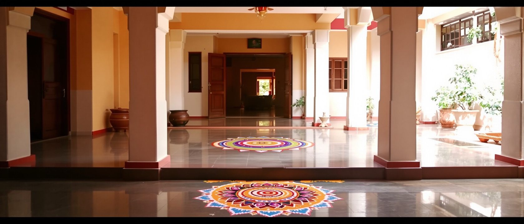 A traditional Indian home threshold — a shaded verandah opening onto an inner courtyard, a rangoli pattern at the doorstep and a warm lived-in entry, soft daylight, no people, no legible text.