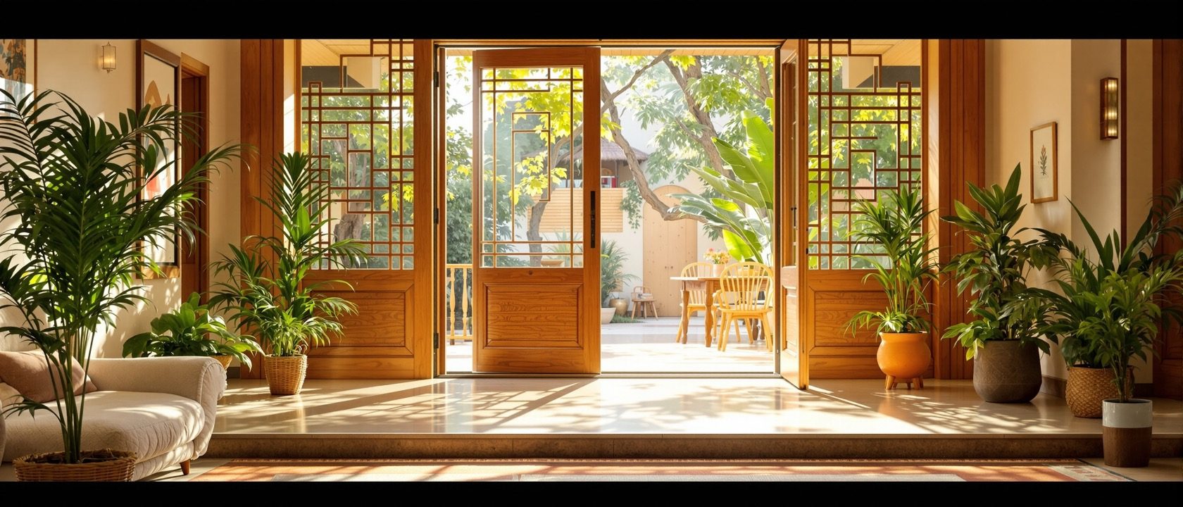 A bright, accessible, multisensory interior — a sunlit room with soft textiles, natural timber, a level threshold and generous circulation space, warm and calm, an Indian home, no people, no legible text.