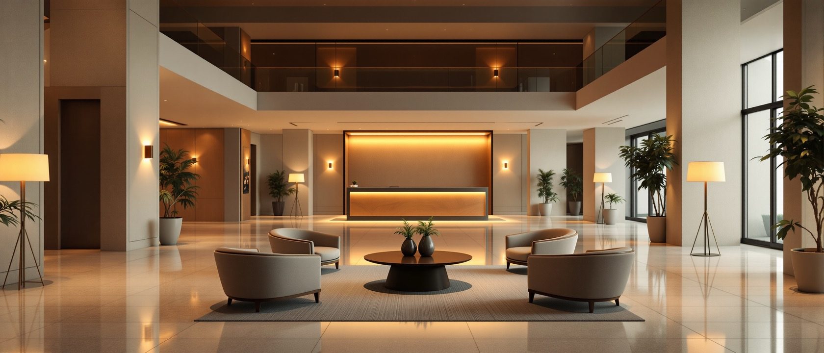 A hotel or office lobby with clearly zoned seating — an intimate armchair cluster in the foreground and a formal reception desk set well back — showing social distance in built form, warm light, no people, no legible text.