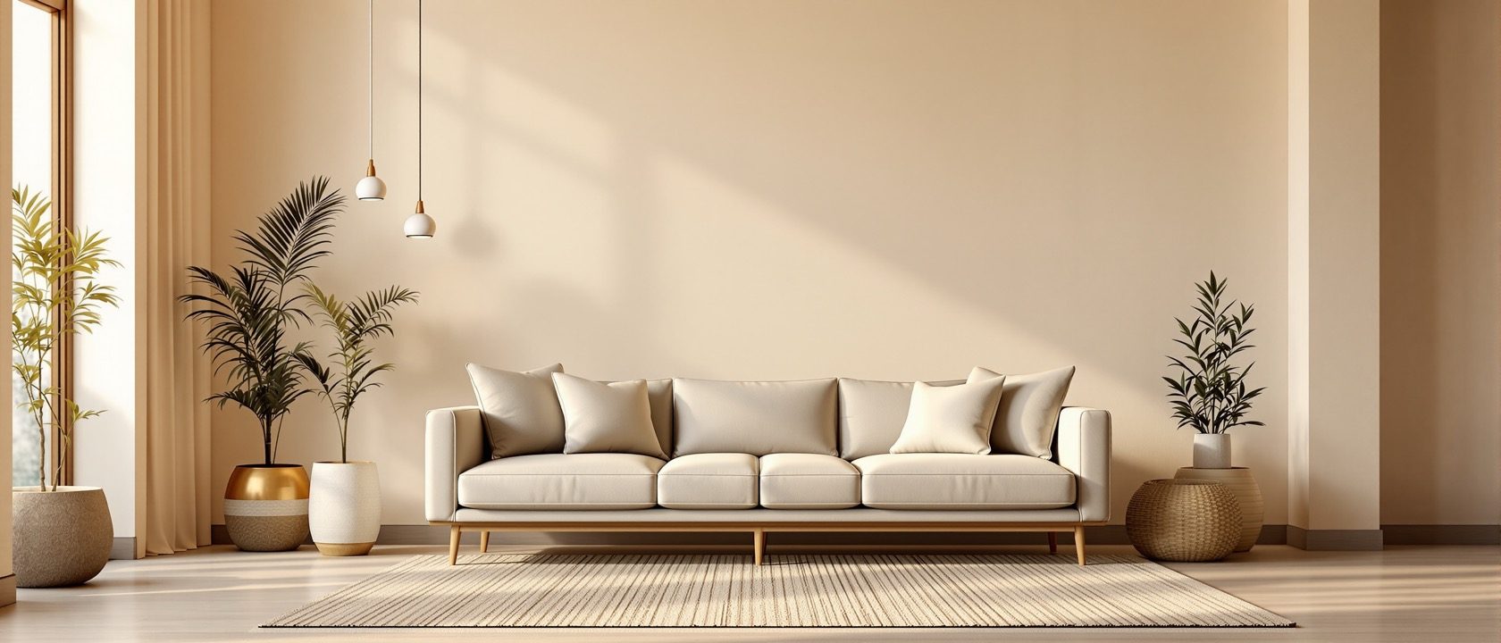A calm, well-composed living room where furniture, a rug and pendant lights read as clear grouped zones against a quiet background, warm daylight, an Indian home, no people, no legible text.