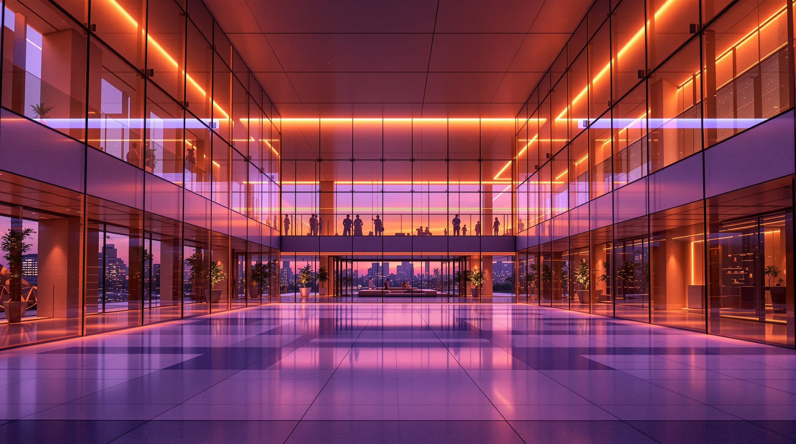 Digital twins and smart buildings — a modern building beside its glowing holographic digital twin of data and wireframe at blue hour