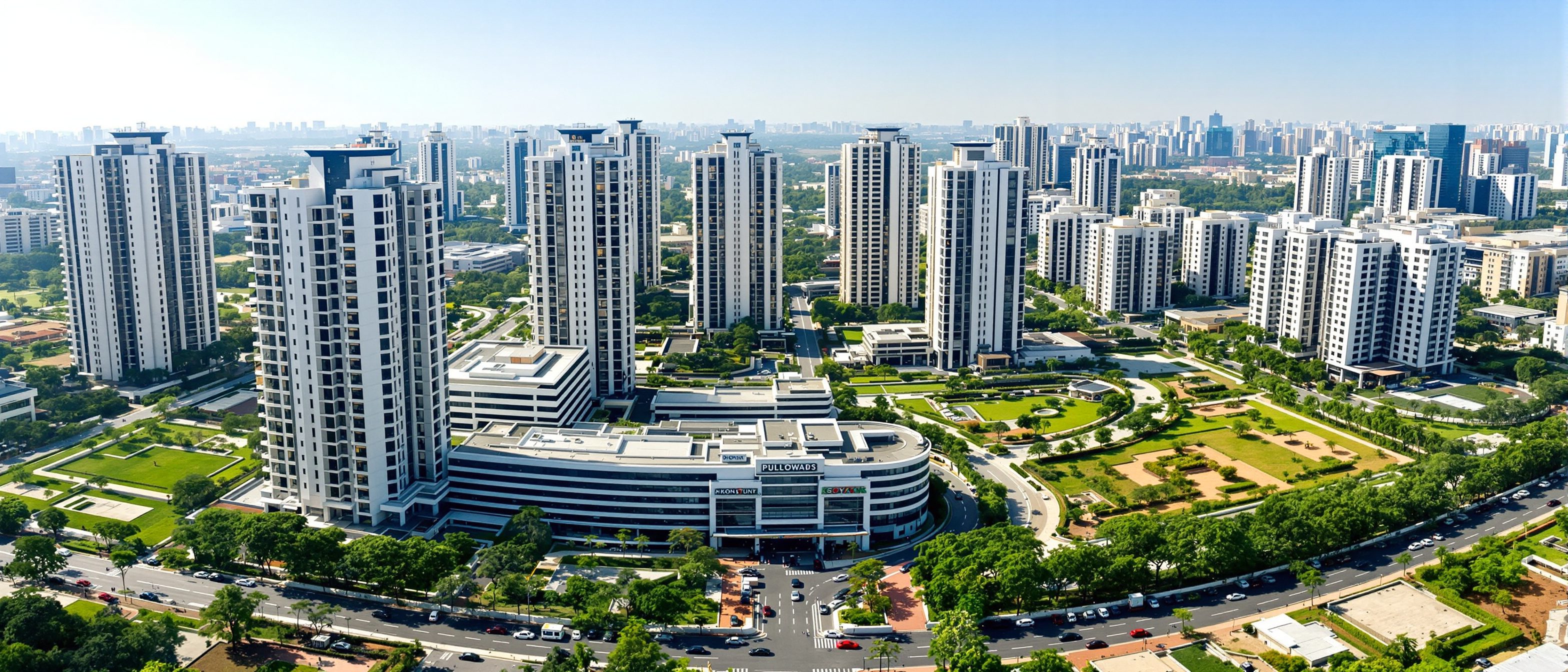 An aerial view of a mixed-use Indian urban development — apartment towers, a retail podium and offices around landscaped open space, the property asset seen from above, no readable text.