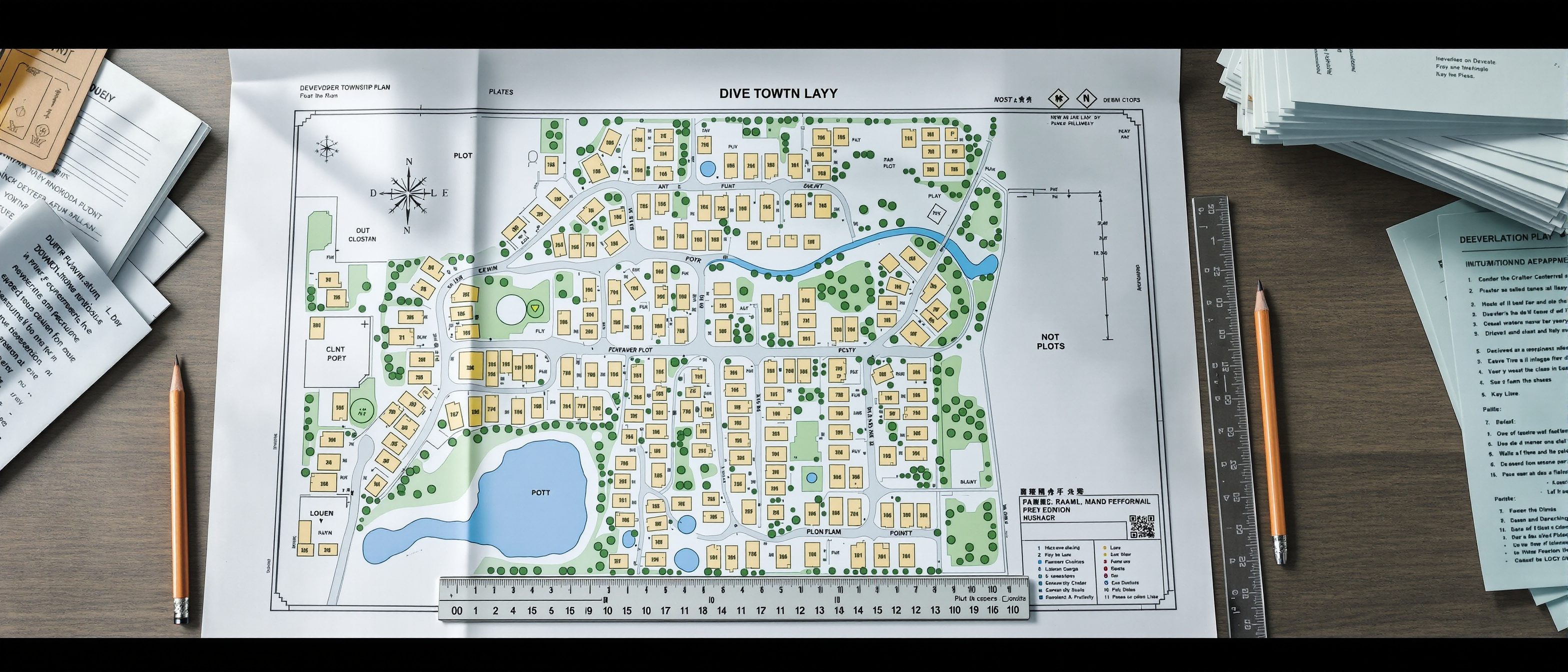A developer's layout plan of a township spread on a table — plots, road network and open spaces marked — beside a scale ruler and a set of approval documents, no people, no readable text.