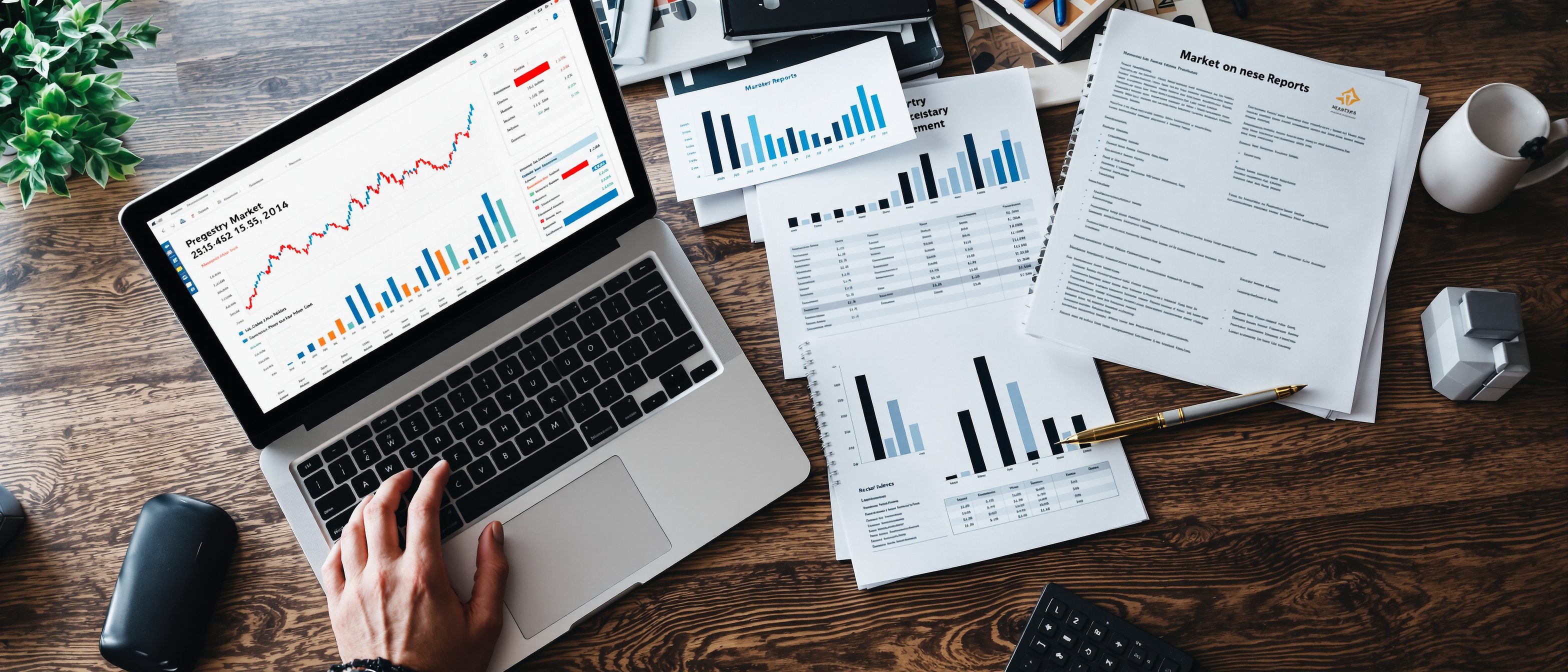 A real-estate analyst's desk with a laptop showing property-market data and charts, printed registry documents, market reports and a notebook, the research behind a decision, no people, no readable text.